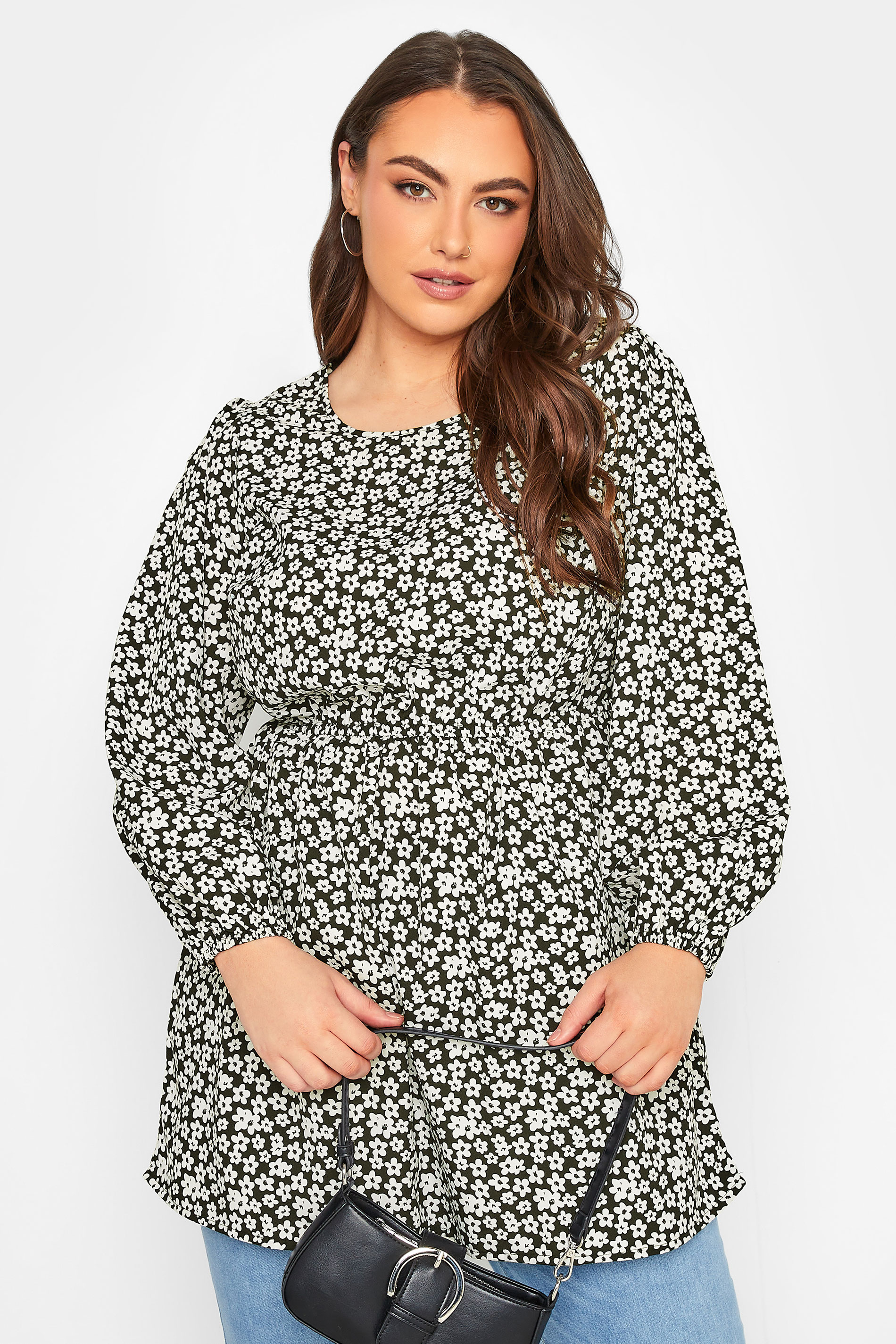Curve Plus Size Black & White Floral Balloon Sleeve Shirred Waist Peplum Top | Yours Clothing  1