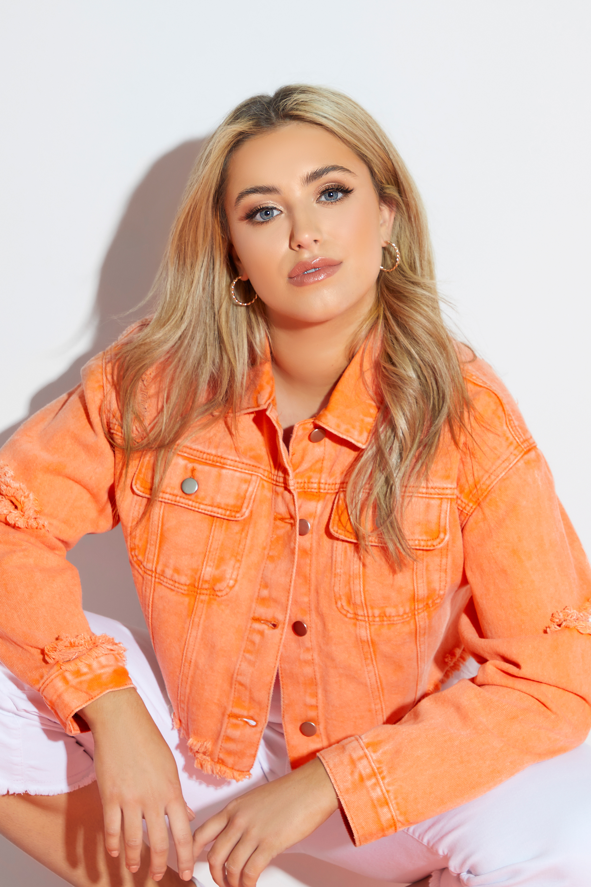 Plus Size Bright Orange Cropped Distressed Denim Jacket | Yours Clothing  2