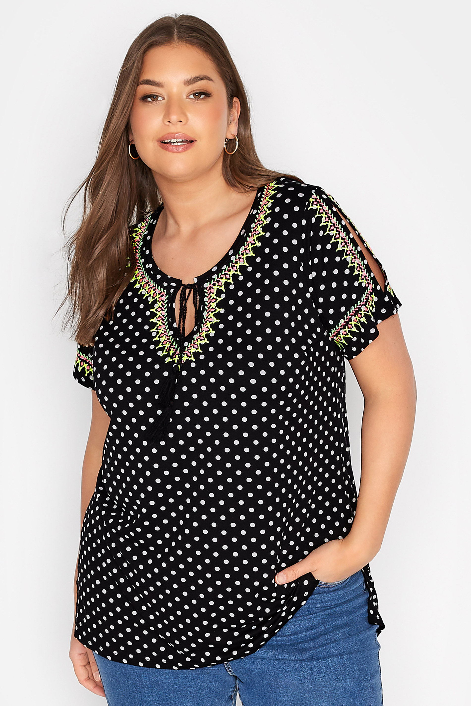 Curve Black Spot Print Embroidered Tie Neck Top_A.jpg