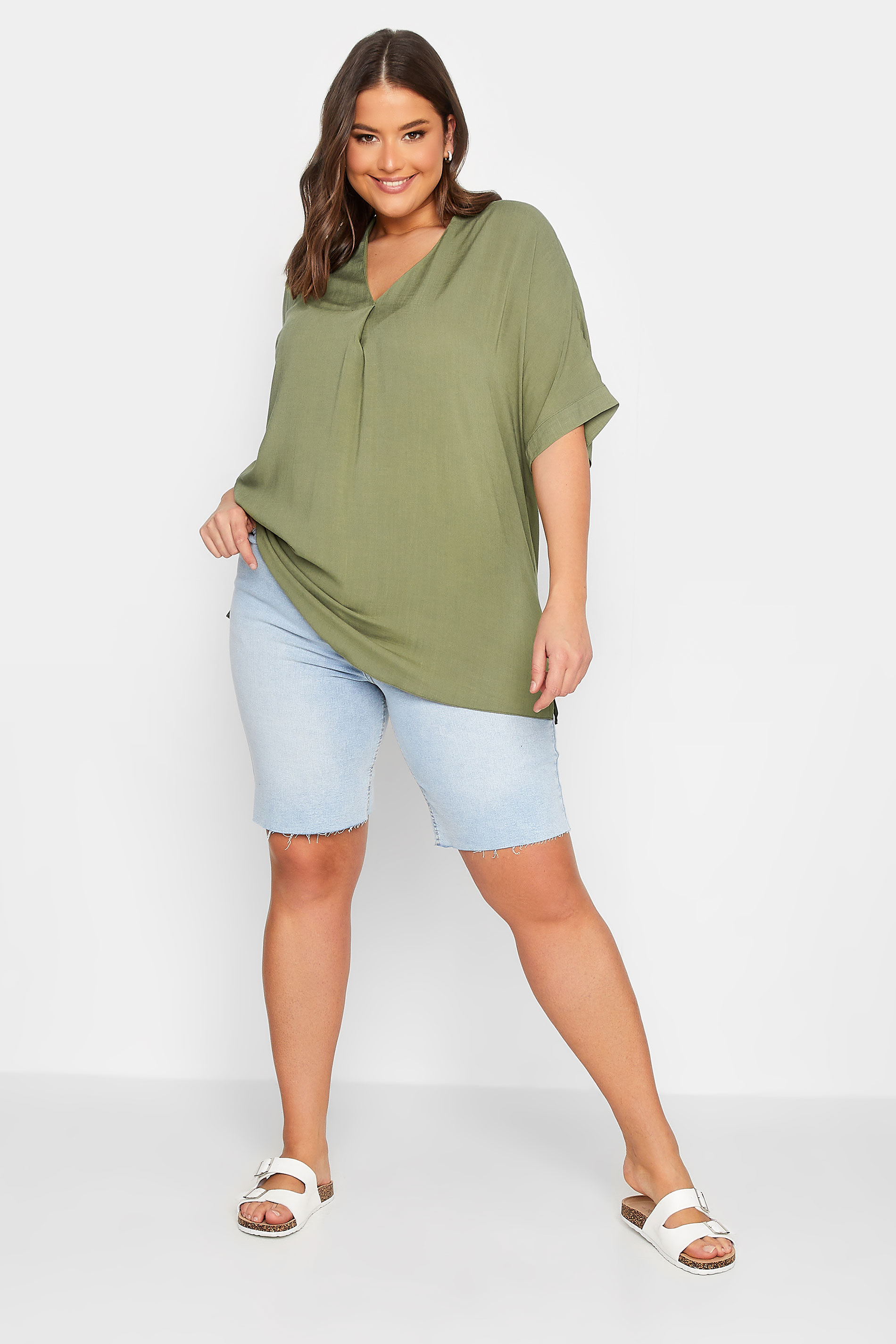 YOURS Curve Plus Size Khaki Green Marl V-Neck Top 2