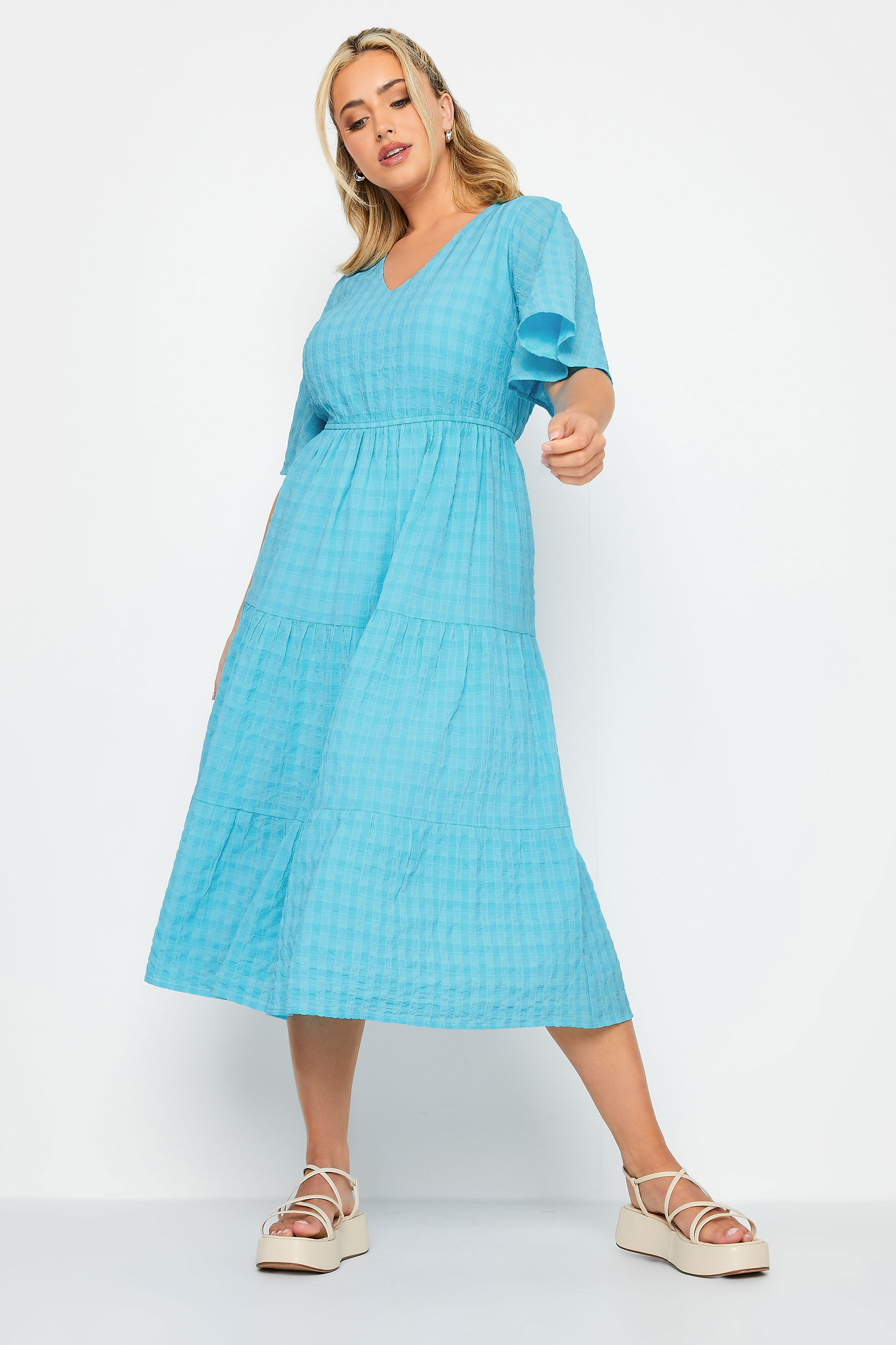 LIMITED COLLECTION Plus Size Aqua Blue Textured Tiered Smock Dress | Yours Clothing 3