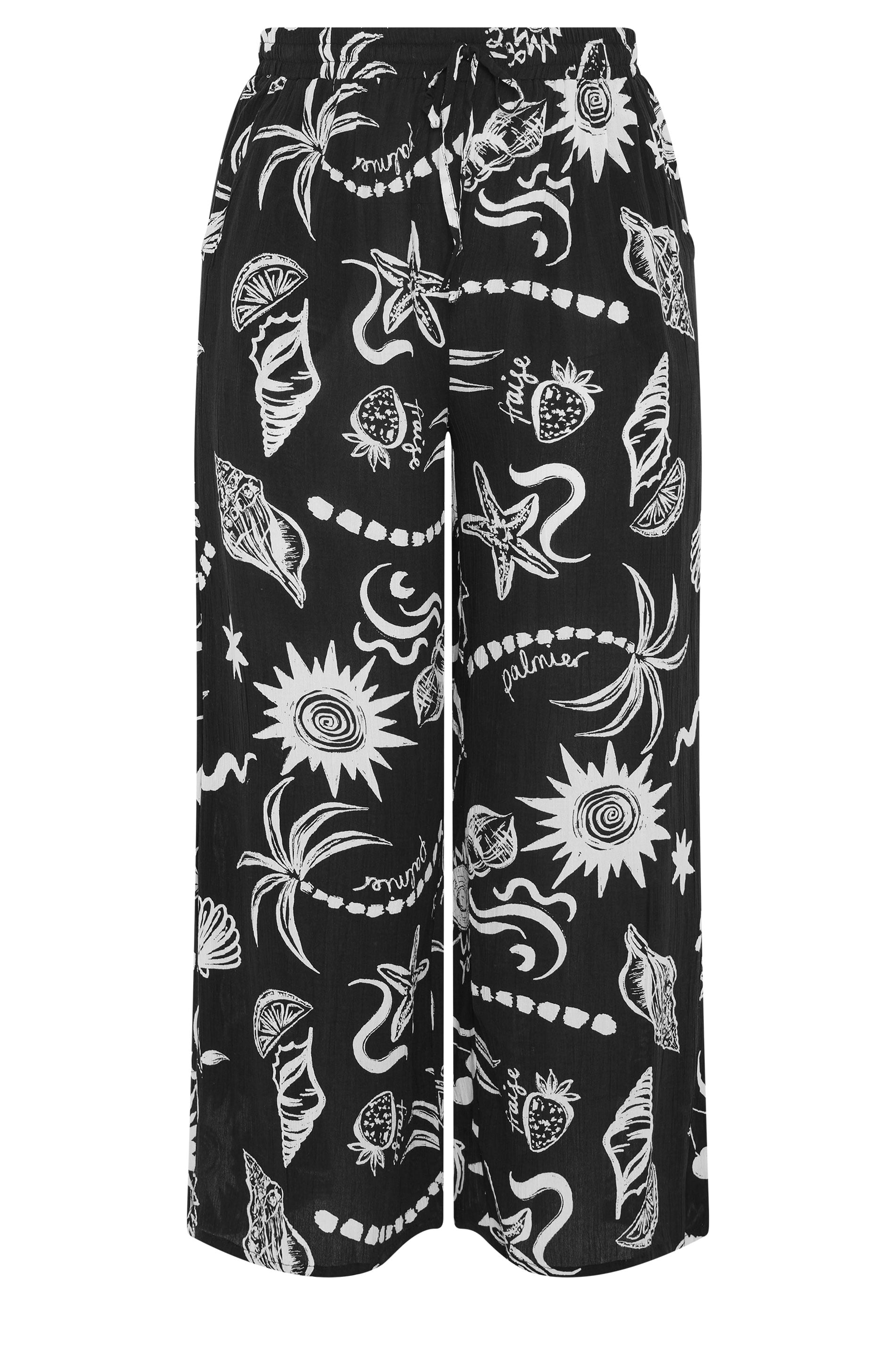 YOURS Plus Size Black Summer Print Crinkle Beachwear Wide Leg Trousers | Yours Clothing 5