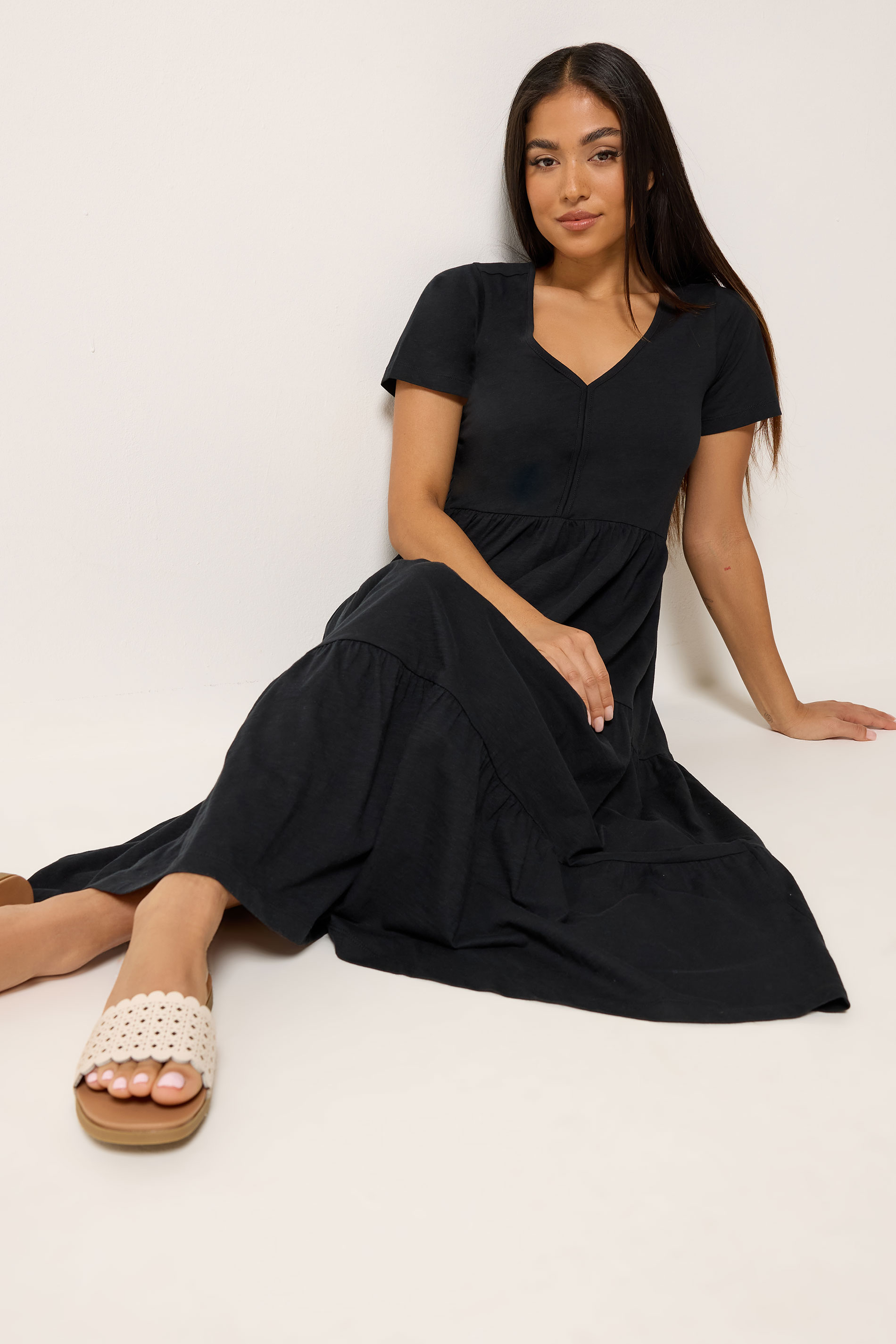M&Co Petite Black Notch Neck Tiered Cotton Maxi Dress | M&Co 1