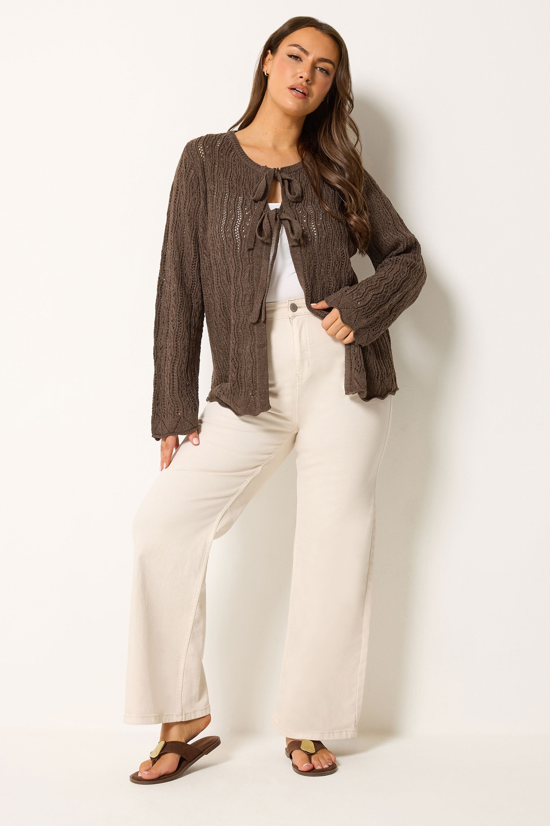 YOURS Curve Chocolate Brown Crochet Cardigan | Yours Clothing 1