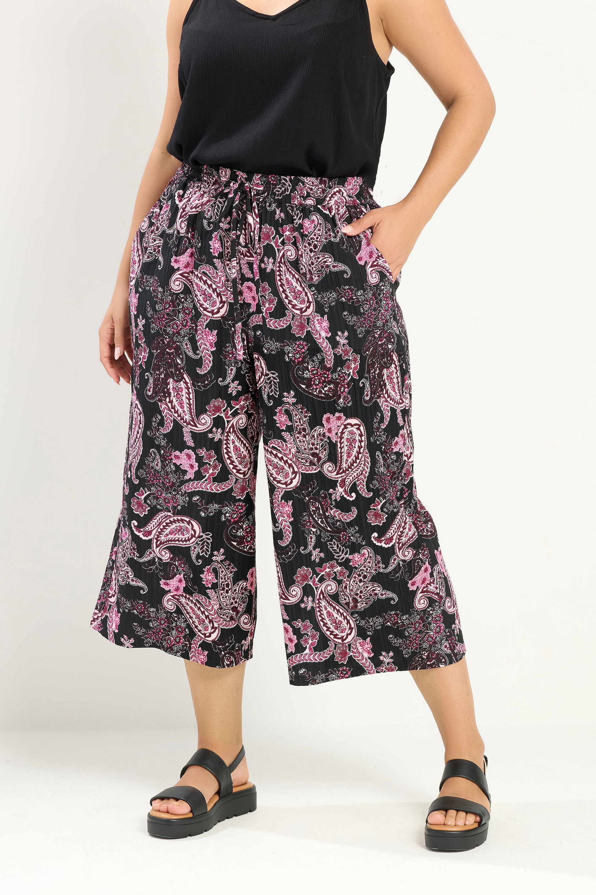 YOURS Plus Size Pink Paisley Cropped Trousers | Yours Clothing 1
