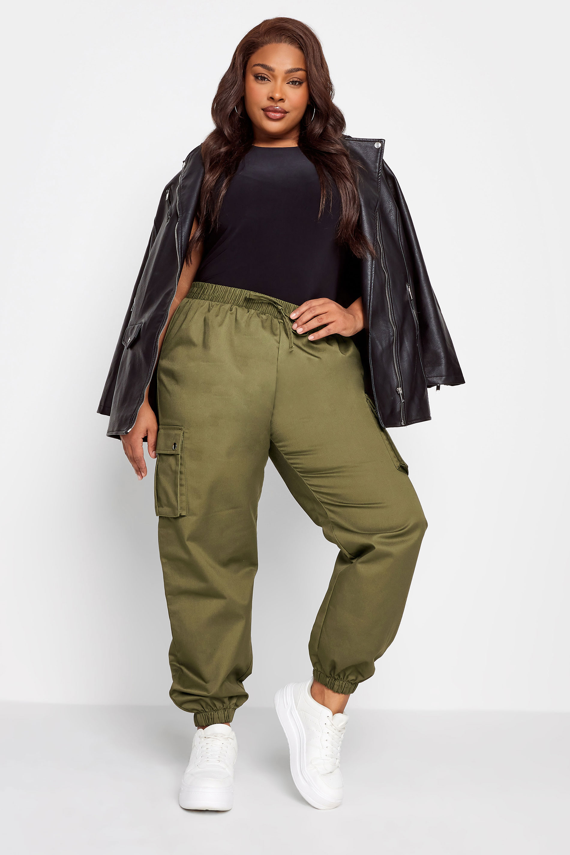 YOURS Curve Khaki Green Cuffed Cargo Trousers | Yours Clothing 3