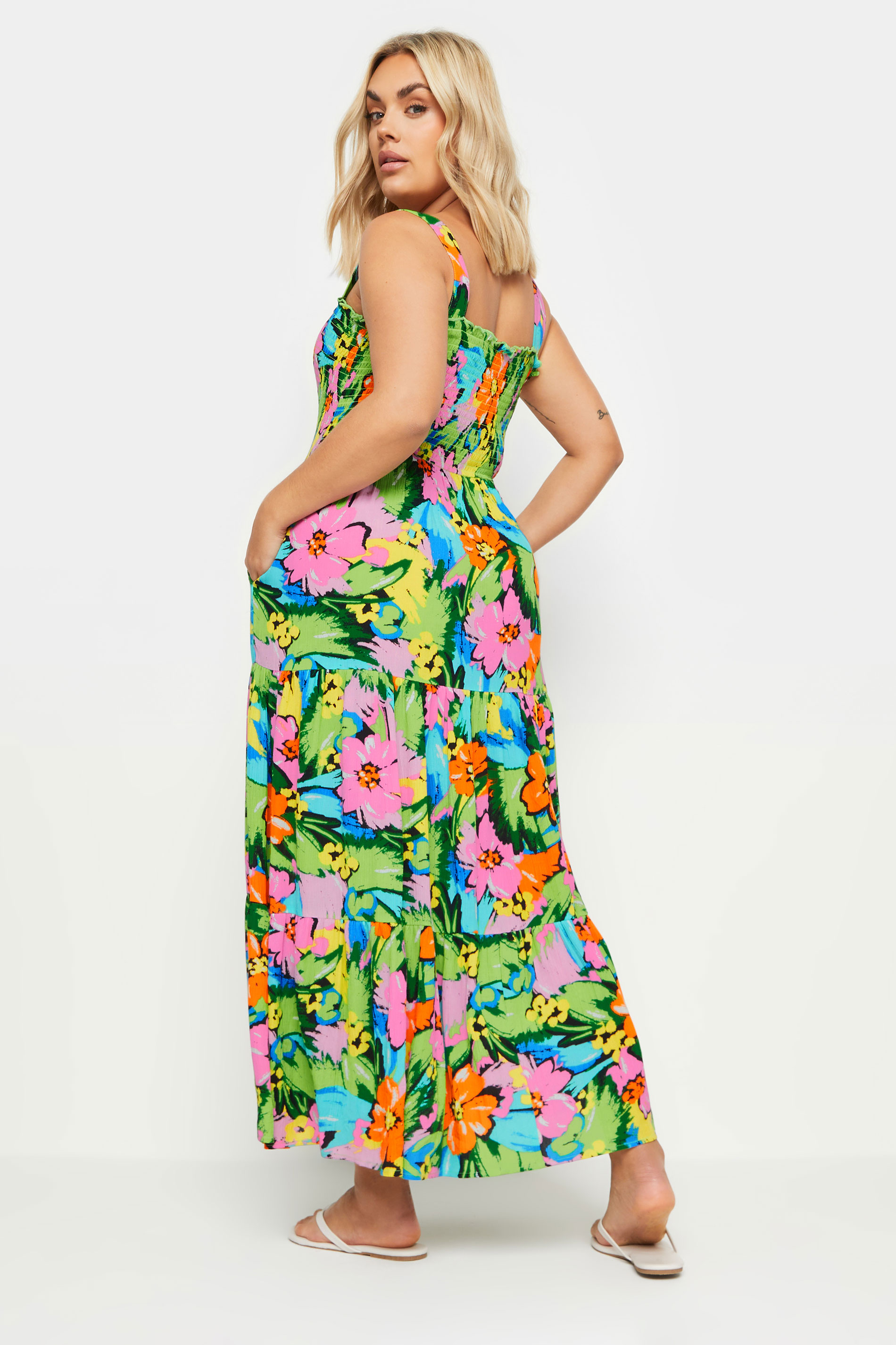 YOURS Plus Size Green Tropical Print Tiered Maxi Dress | Yours Clothing 3