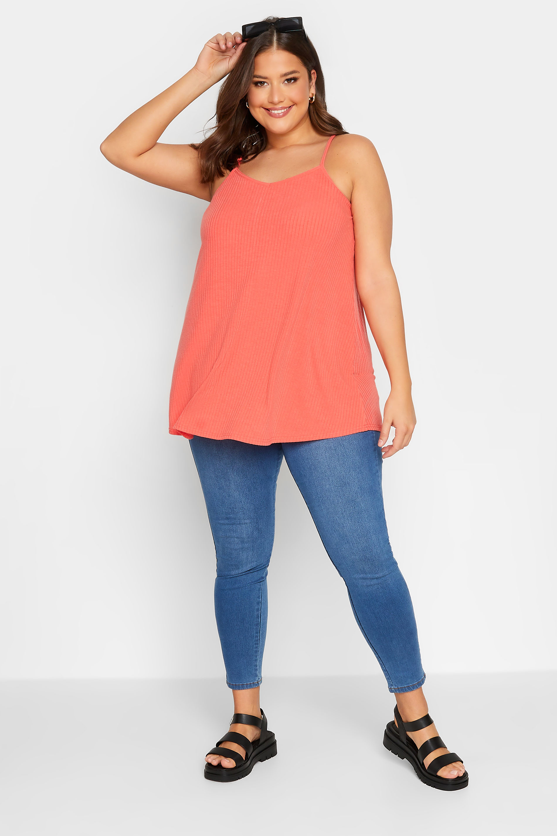 YOURS Curve Plus Size Neon Pink Ribbed Swing Cami Vest Top | Yours Clothing  2