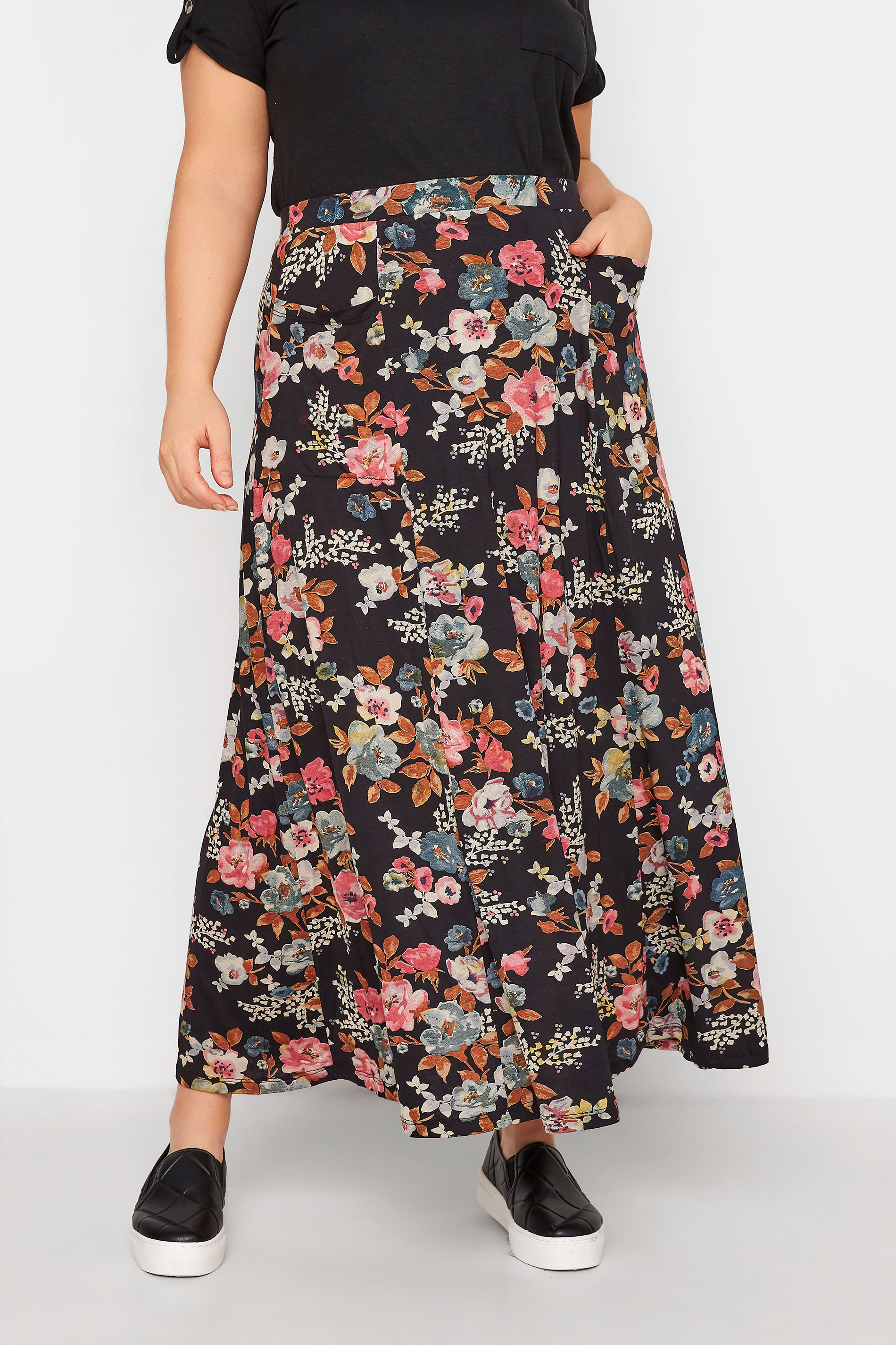 Curve Black Floral Maxi Skirt 1