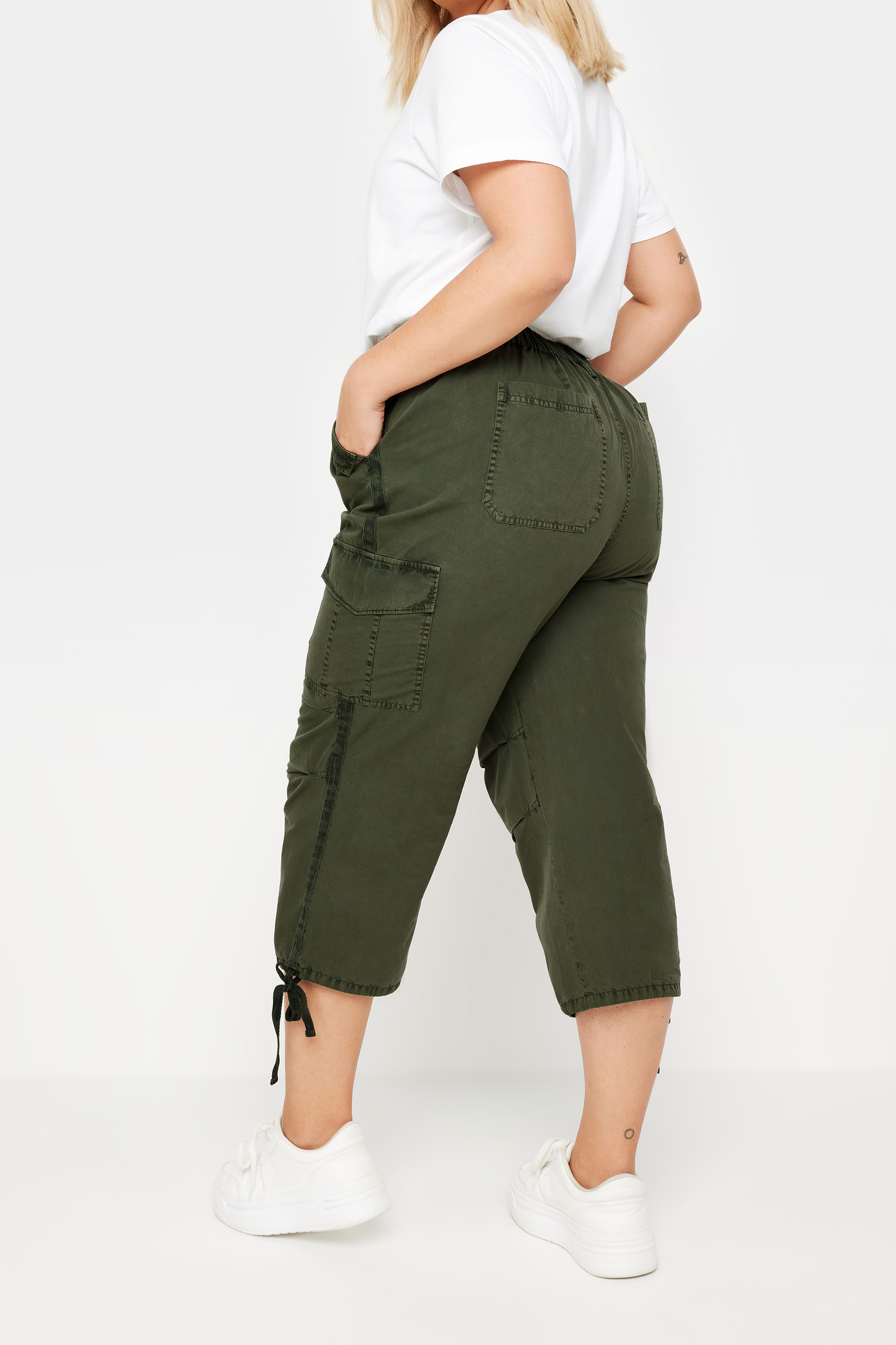 YOURS Plus Size Black Khaki Green Cropped Trousers | Yours Clothing 3