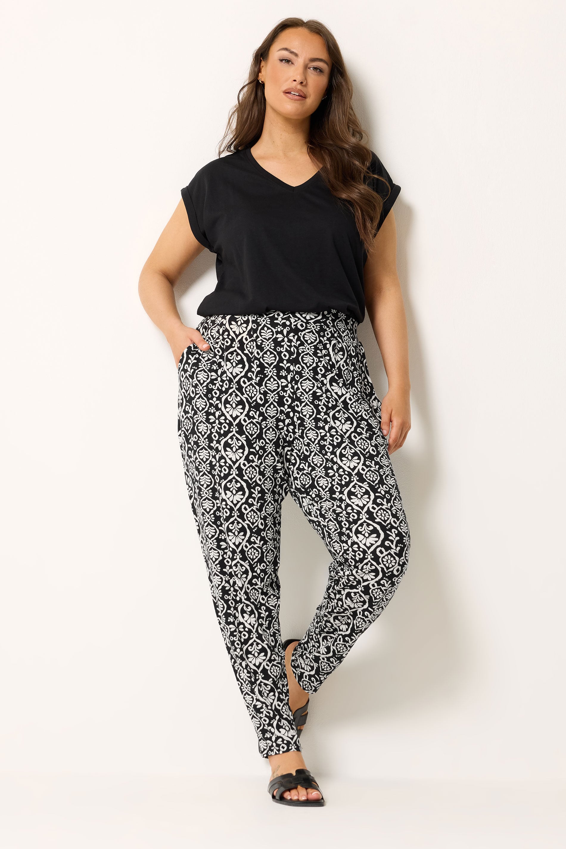 YOURS Plus Size Black Ikat Print Harem Trousers | Yours Clothing 1