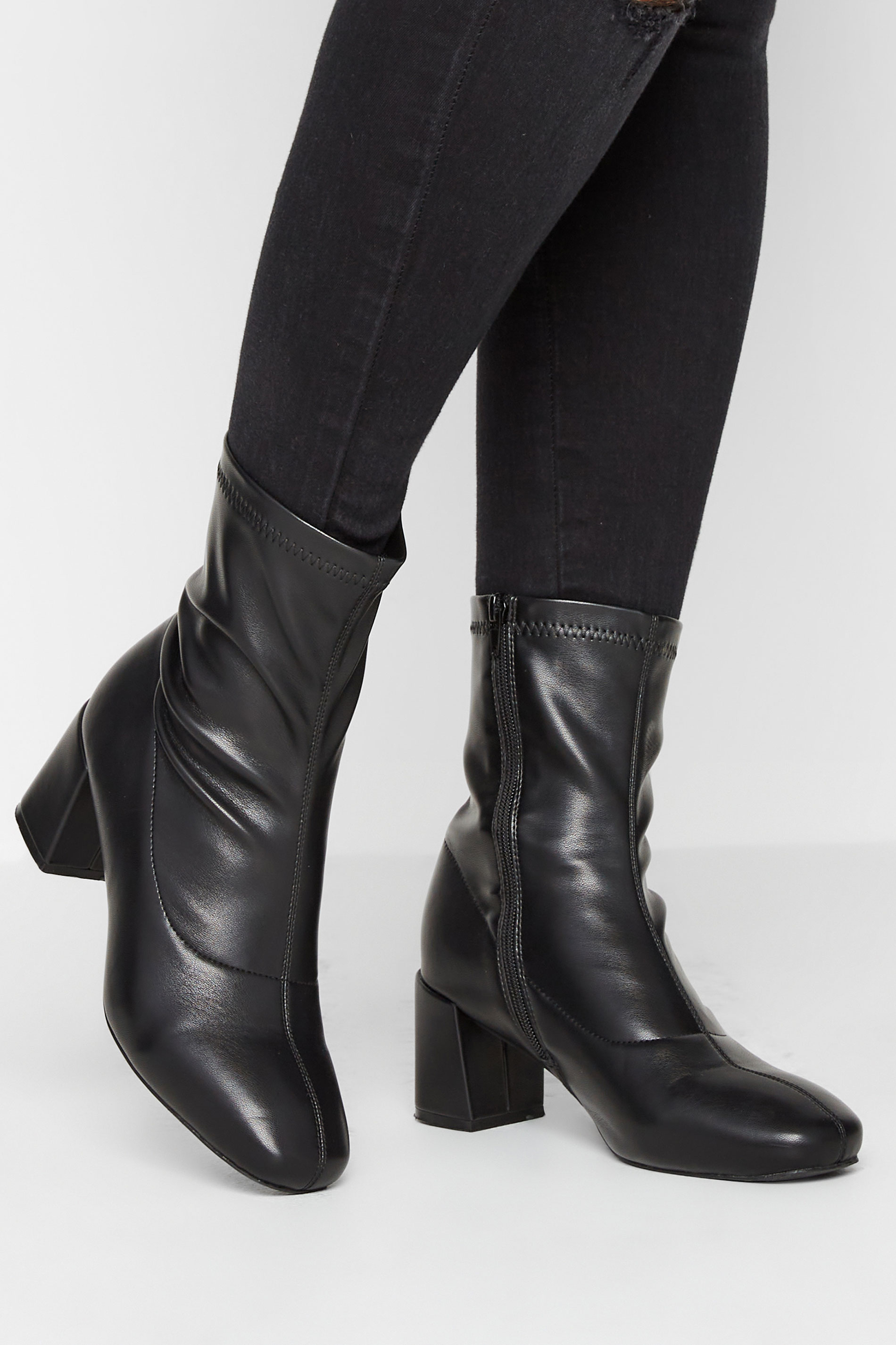 Black Square Toe Heeled Boots In Wide E Fit & Extra Wide EEE Fit | Long ...