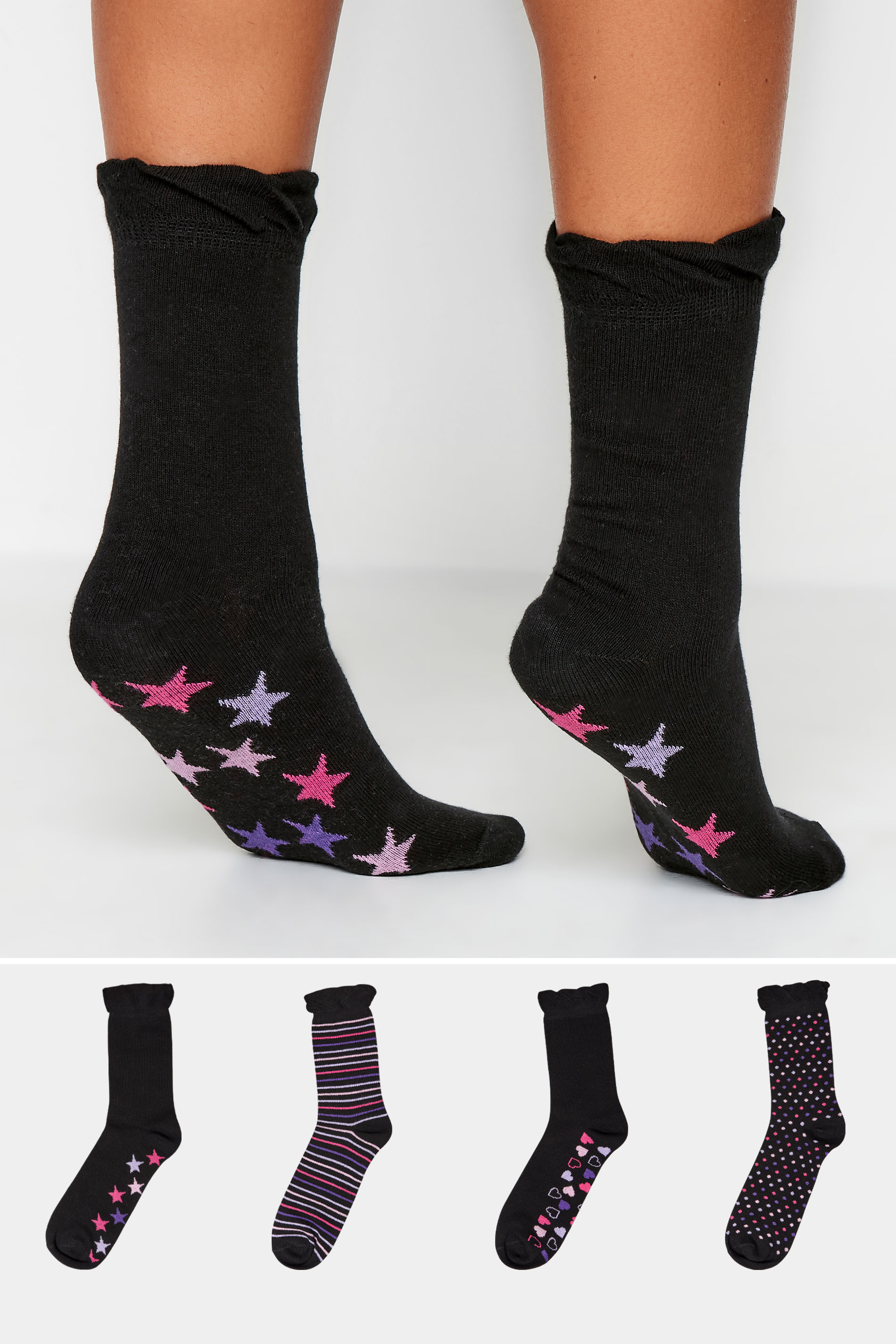 YOURS 4 PACK Black Star & Heart Print Footbed Socks | Yours Clothing 1