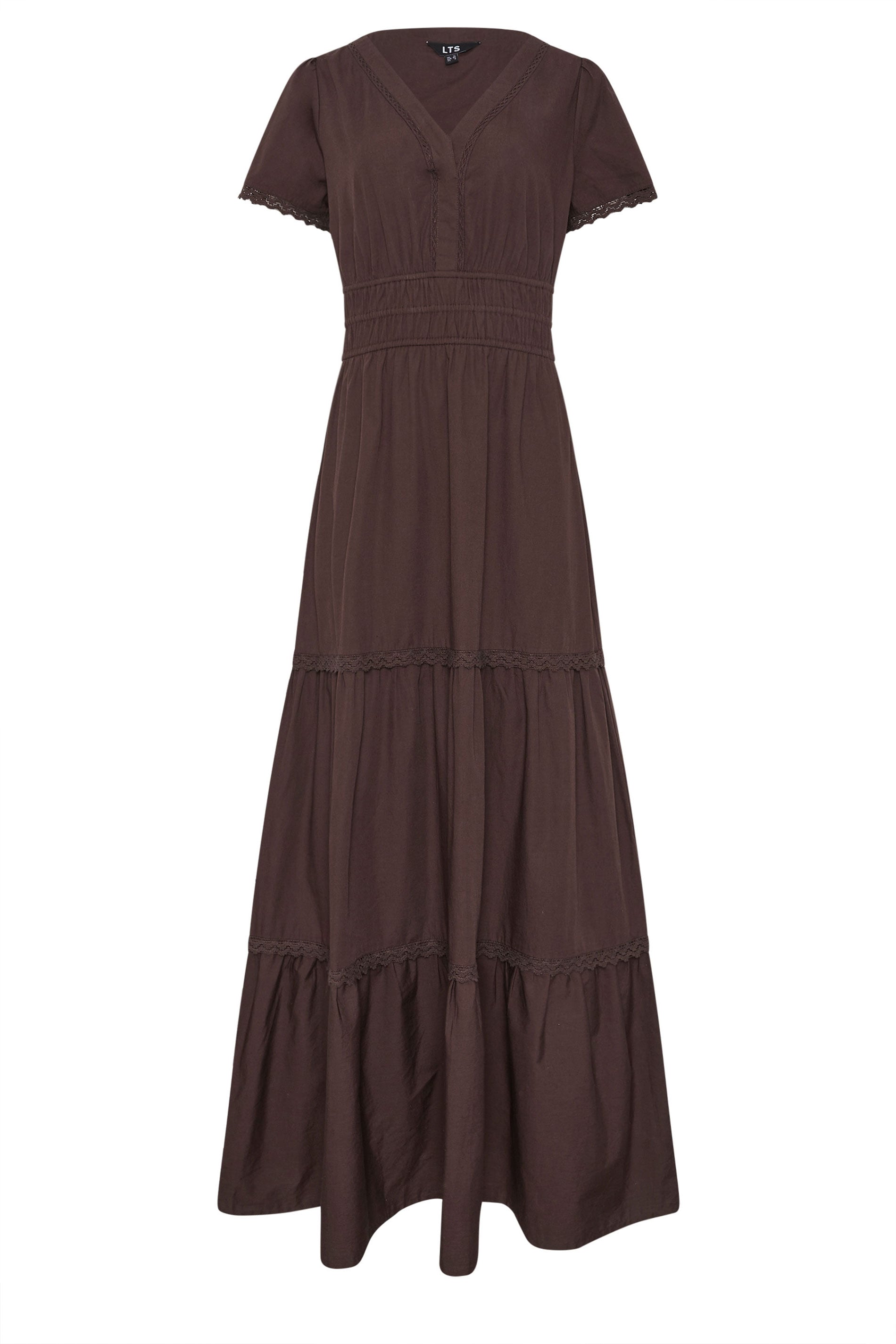 LTS Tall Women's Brown Lace Trim Cotton Tiered Maxi Dress | Long Tall Sally 6