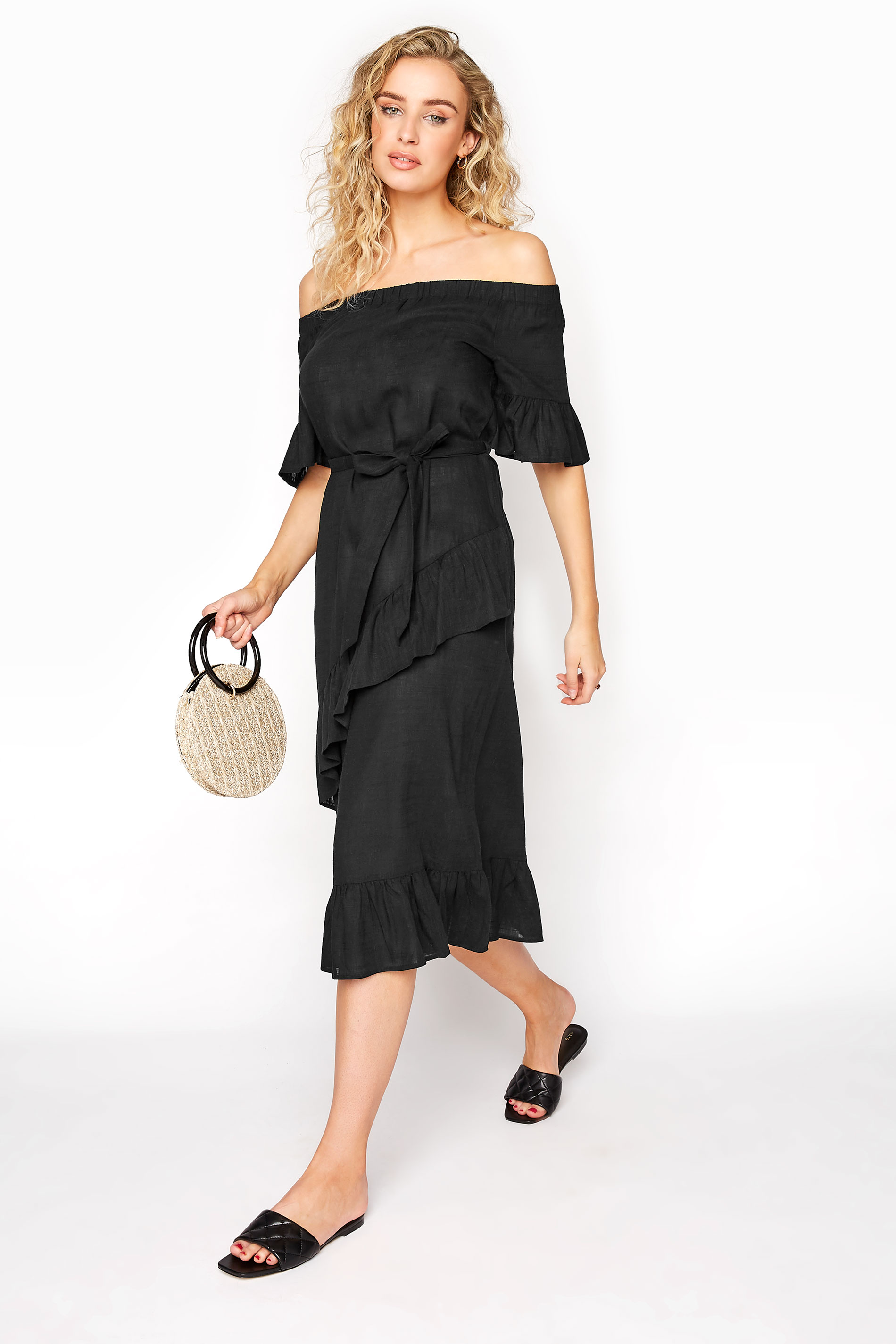 LTS Black Linen Bardot Frill Dress | Long Tall Sally
