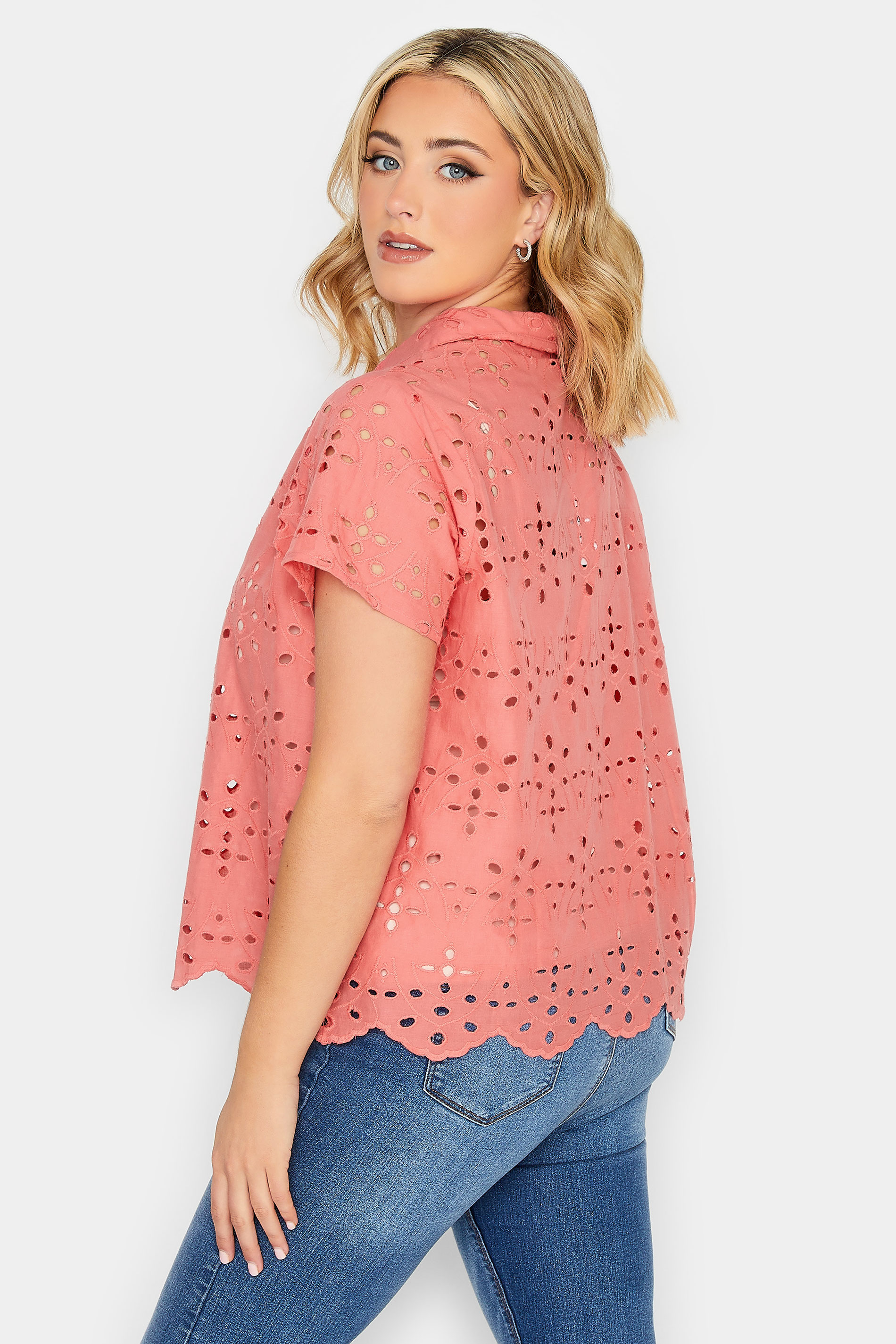 YOURS PETITE Plus Size Coral Pink Broderie Anglaise Short Sleeve Shirt | Yours Clothing 3