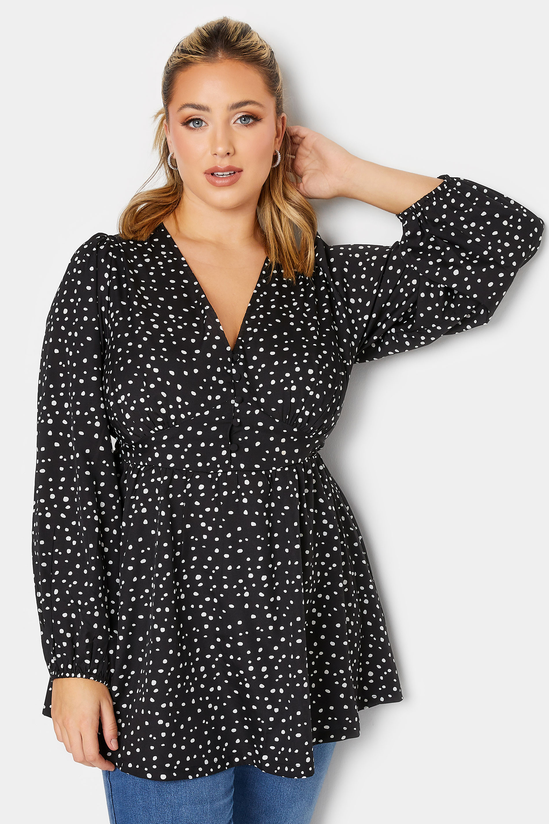 LIMITED COLLECTION Plus Size Black Spot Print Peplum Blouse | Yours Clothing 1