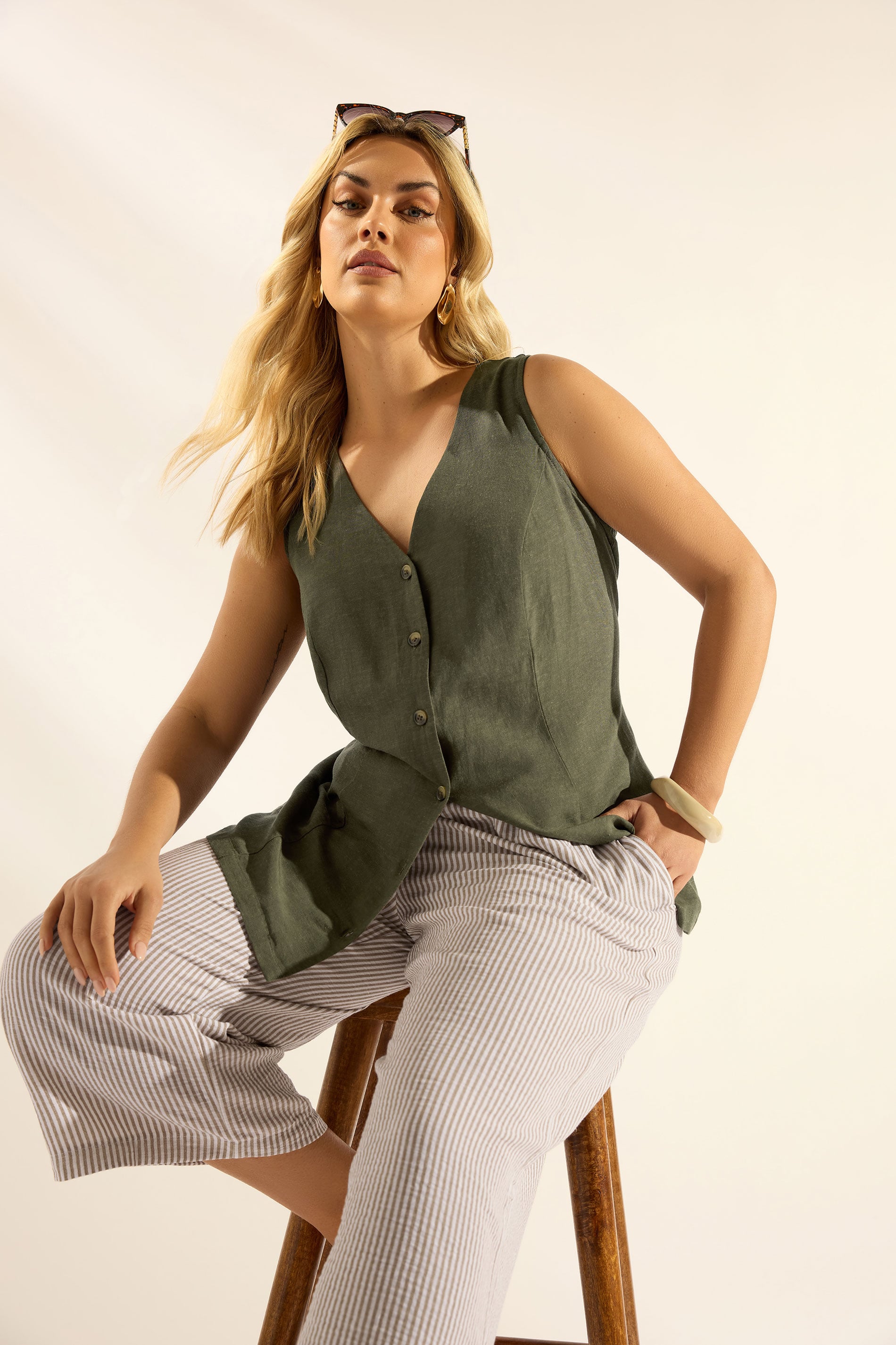 YOURS Plus Size Khaki Green Linen Waistcoat | Yours Clothing 3