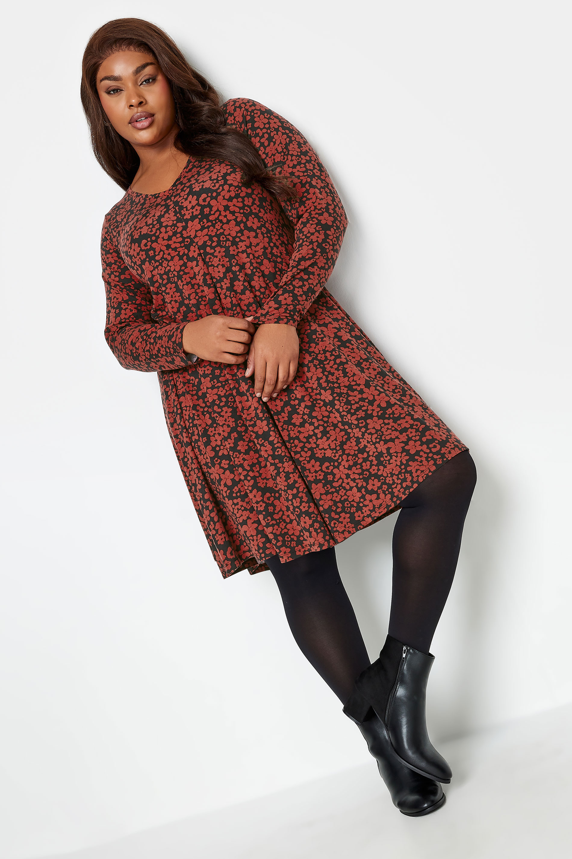 YOURS Curve Red and Black Floral Mini Dress | Yours Clothing 2