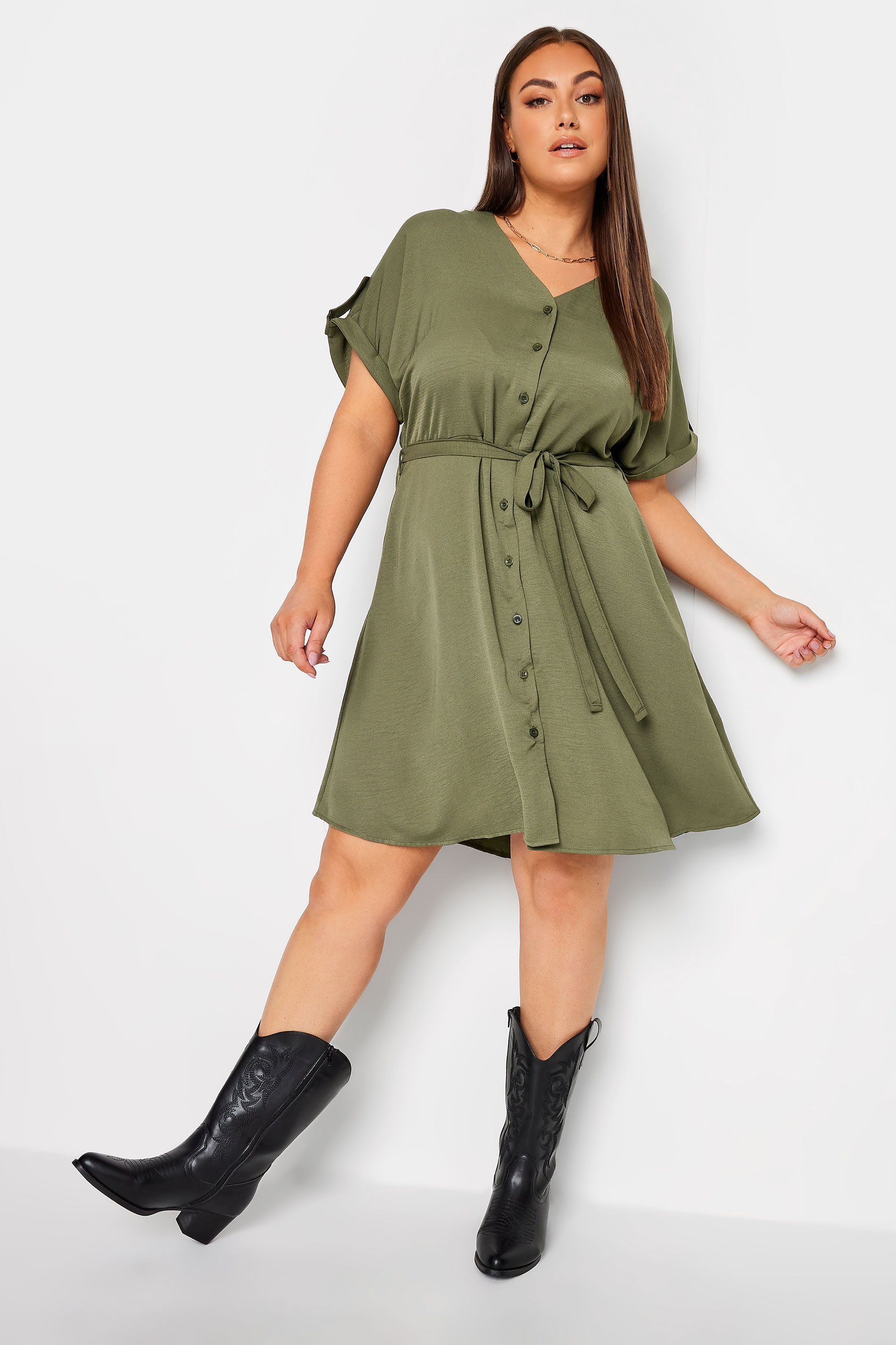 YOURS Curve Plus Size Khaki Green Utility Dress | Yours Clothing  2