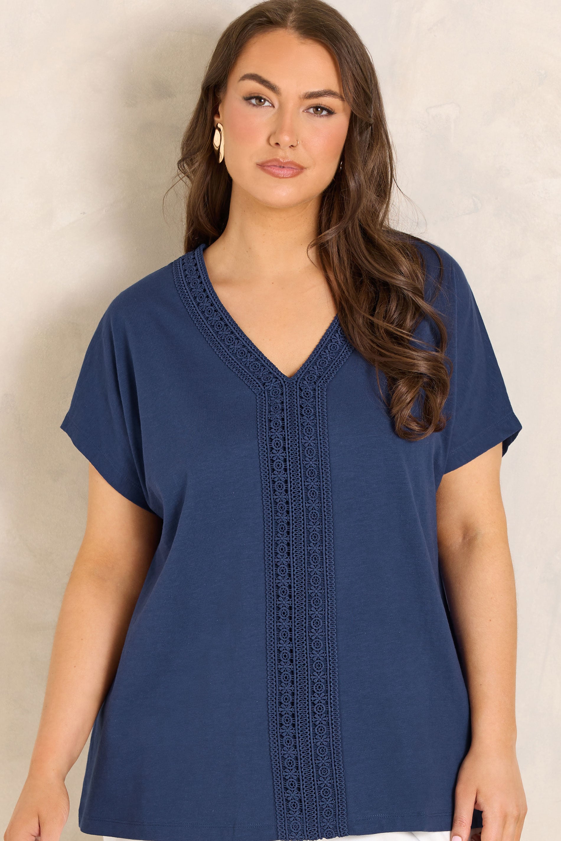 EVANS Plus Size Navy Blue Cotton Crochet Trim Tee | Evans 3
