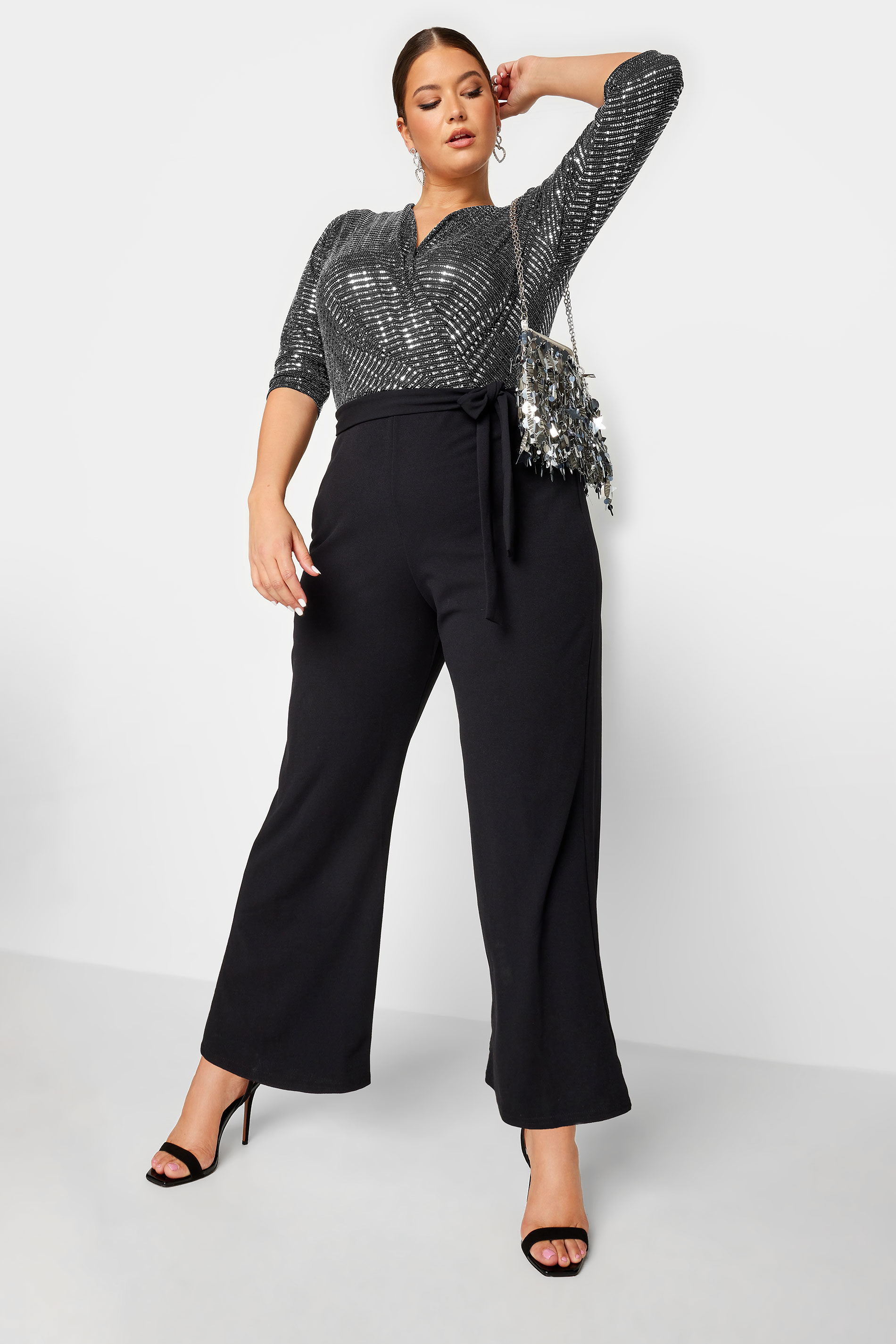 YOURS LONDON Plus Size Black & Silver Sequin Wrap Jumpsuit | Yours Clothing 2