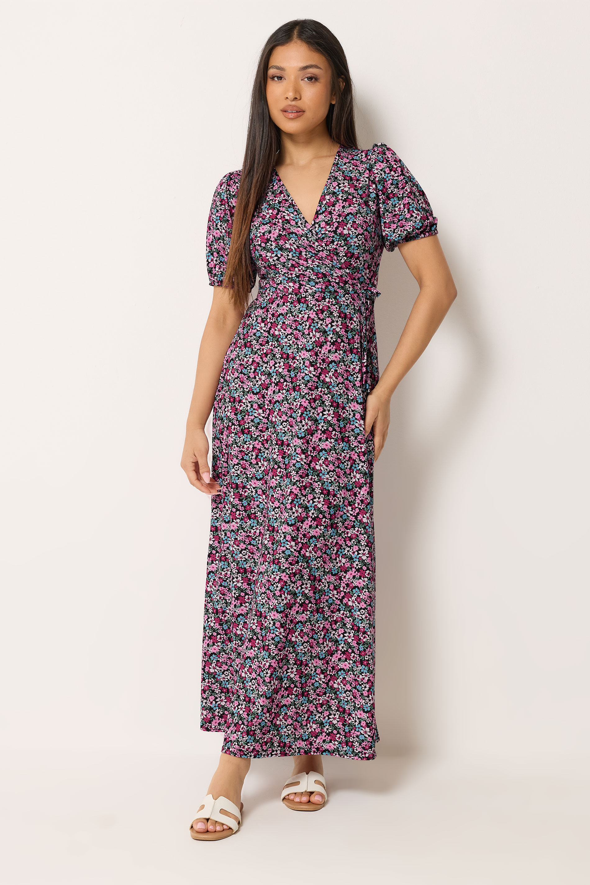 M&Co Petite Pink Ditsy Floral Print Maxi Wrap Dress | M&Co 3