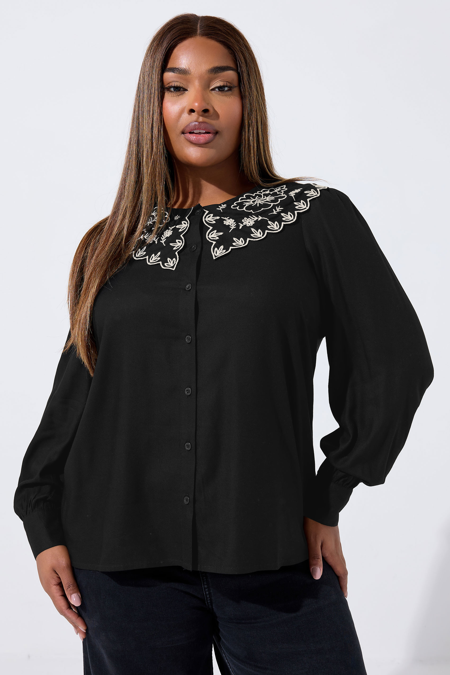 LIMITED COLLECTION Plus Size Black Embroidered Oversized Collar Top | Yours Clothing 3