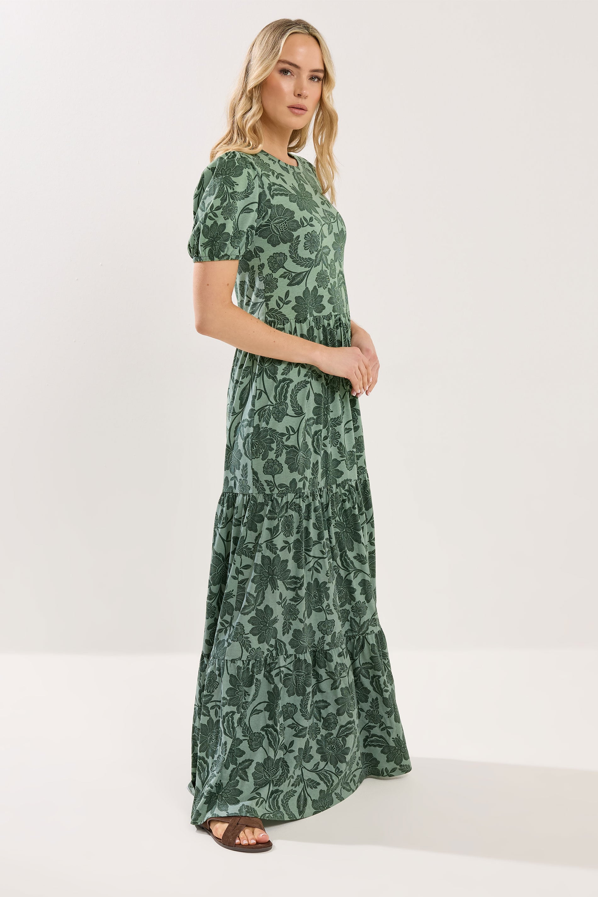 LTS Tall Women's Green Floral Tiered Cotton Maxi Dress | Long Tall Sally 1