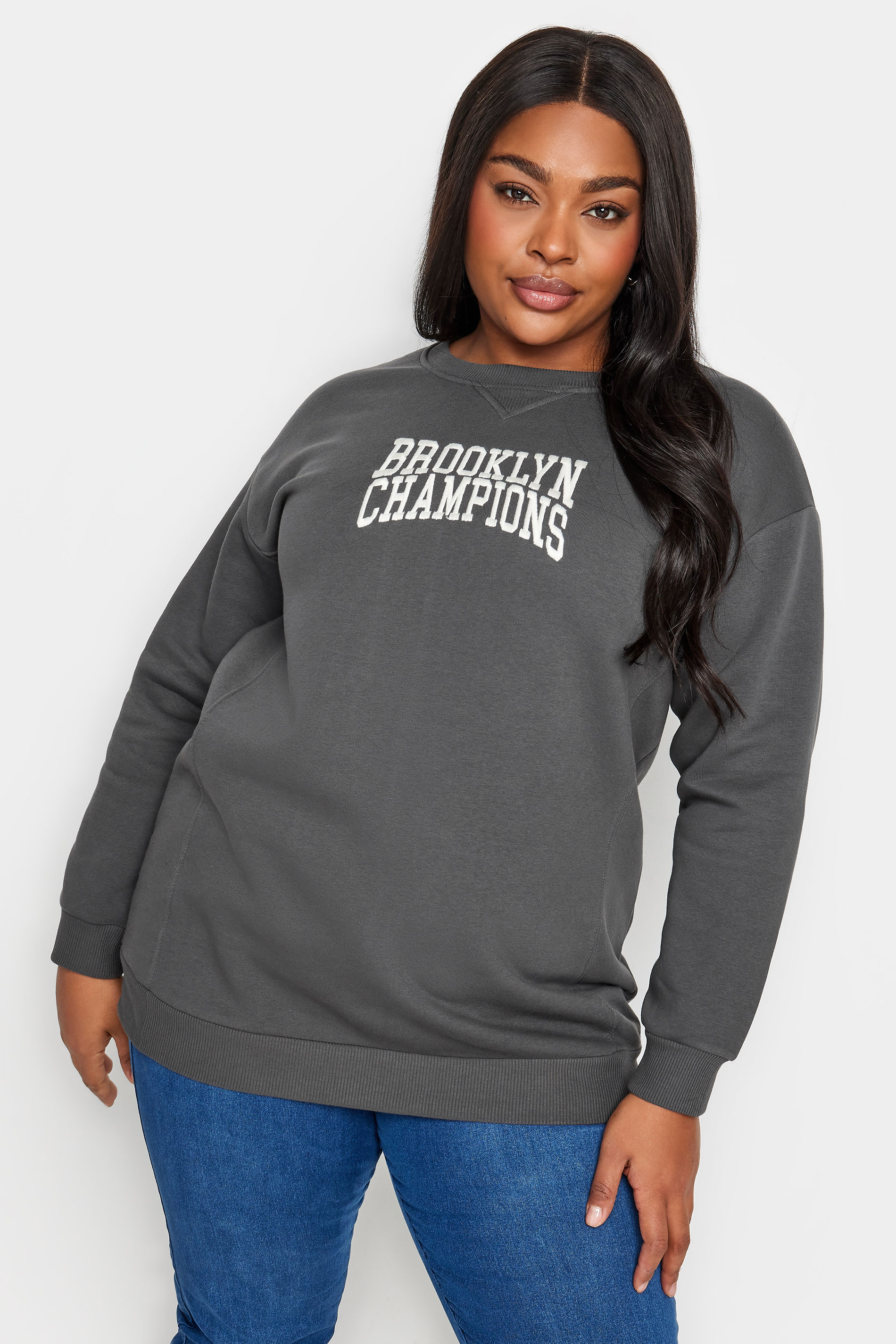 YOURS Plus Size Grey 'Brooklyn Champions' Slogan Sweatshirt | Yours Clothing 1