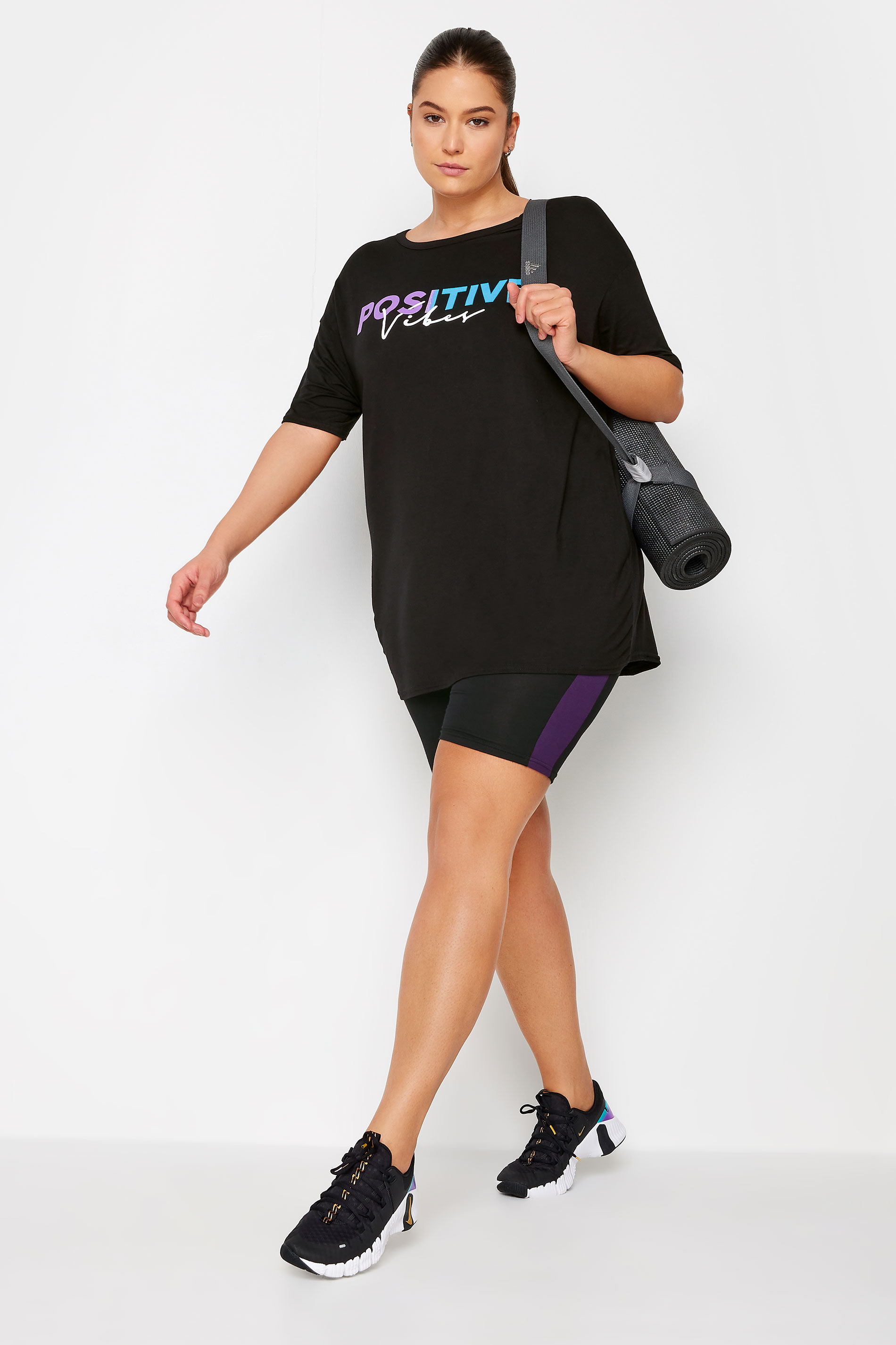 YOURS ACTIVE Plus Size Black 'Positive Vibes' Slogan Top | Yours Clothing 2