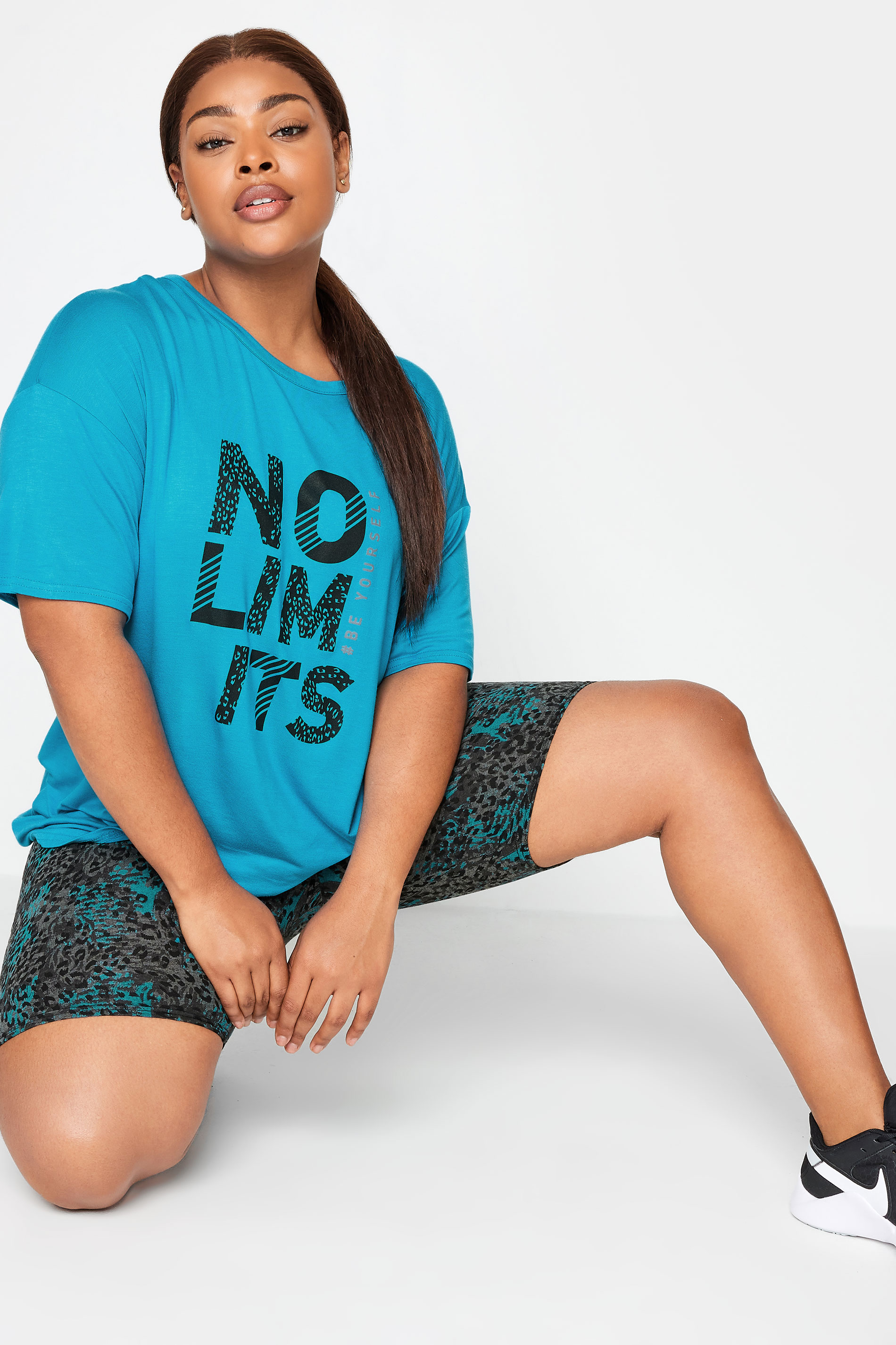 YOURS ACTIVE Plus Size Blue 'No Limits' Slogan Top | Yours Clothing 1