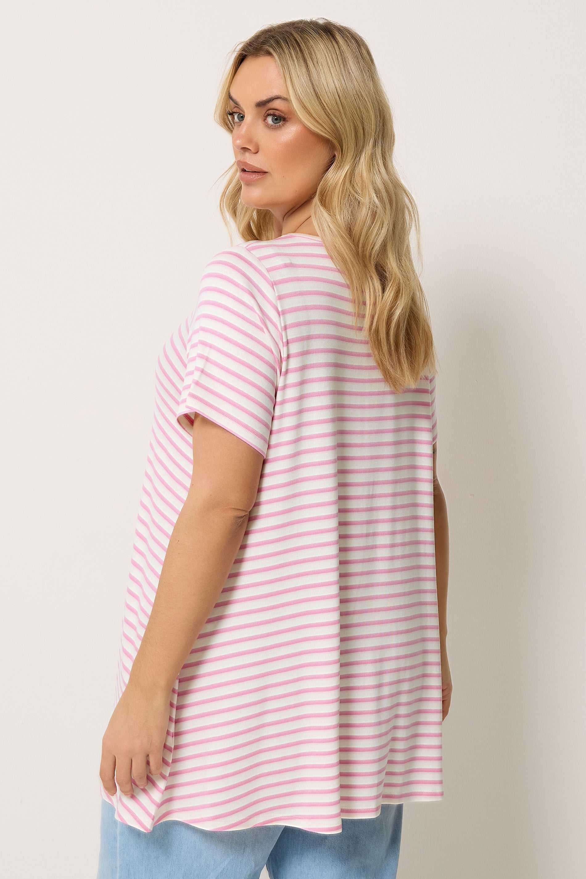 YOURS Plus Size Pink Stripe Swing Crew Neck Top | Yours Clothing 2