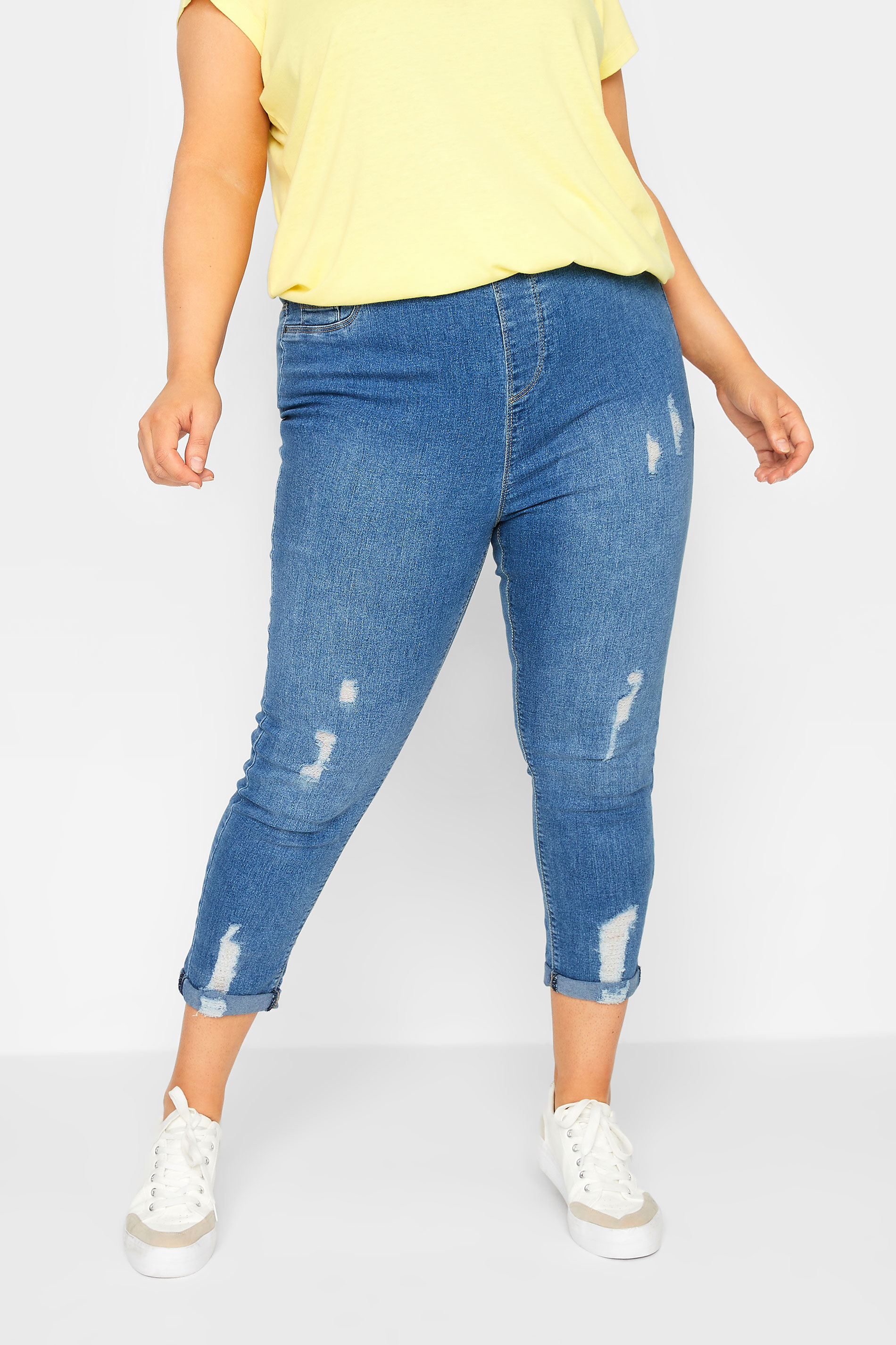 YOURS Plus Size Blue Cropped Stretch Ripped GRACE Jeggings | Yours Clothing 1