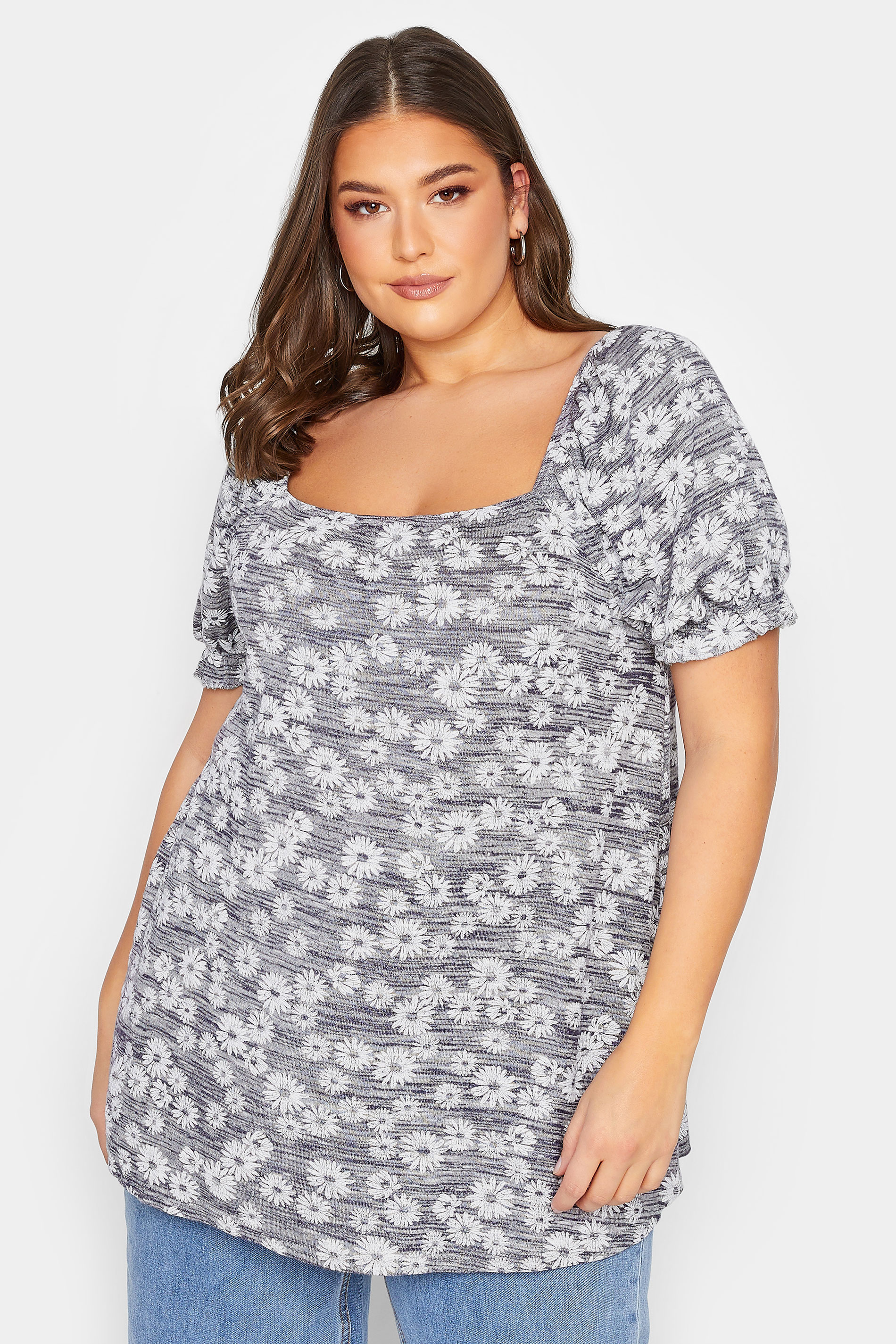 YOURS Plus Size Grey Marl Ditsy Floral Top | Yours Clothing 1