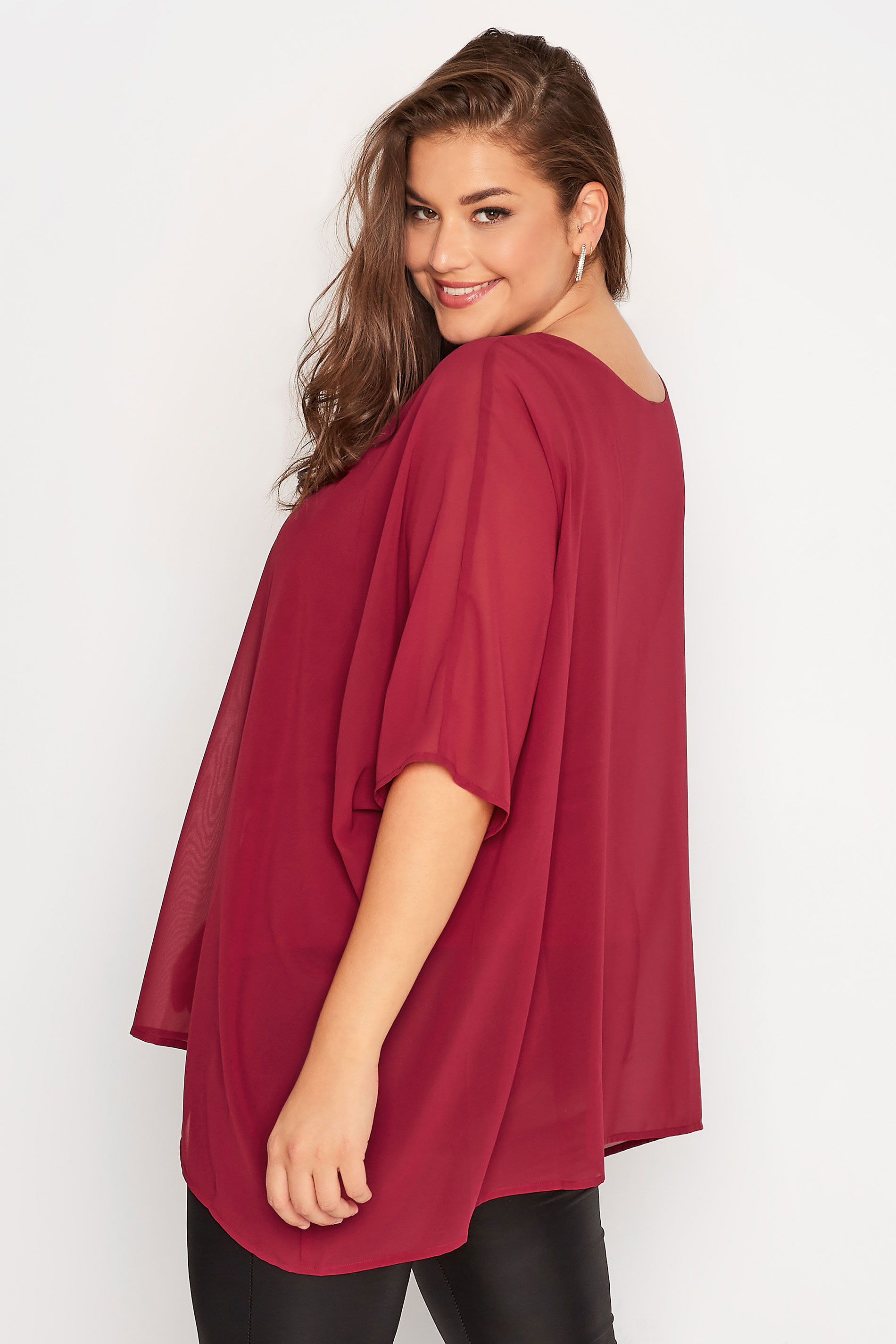 YOURS LONDON Plus Size Berry Red Chiffon Cape Blouse | Yours Clothing  3