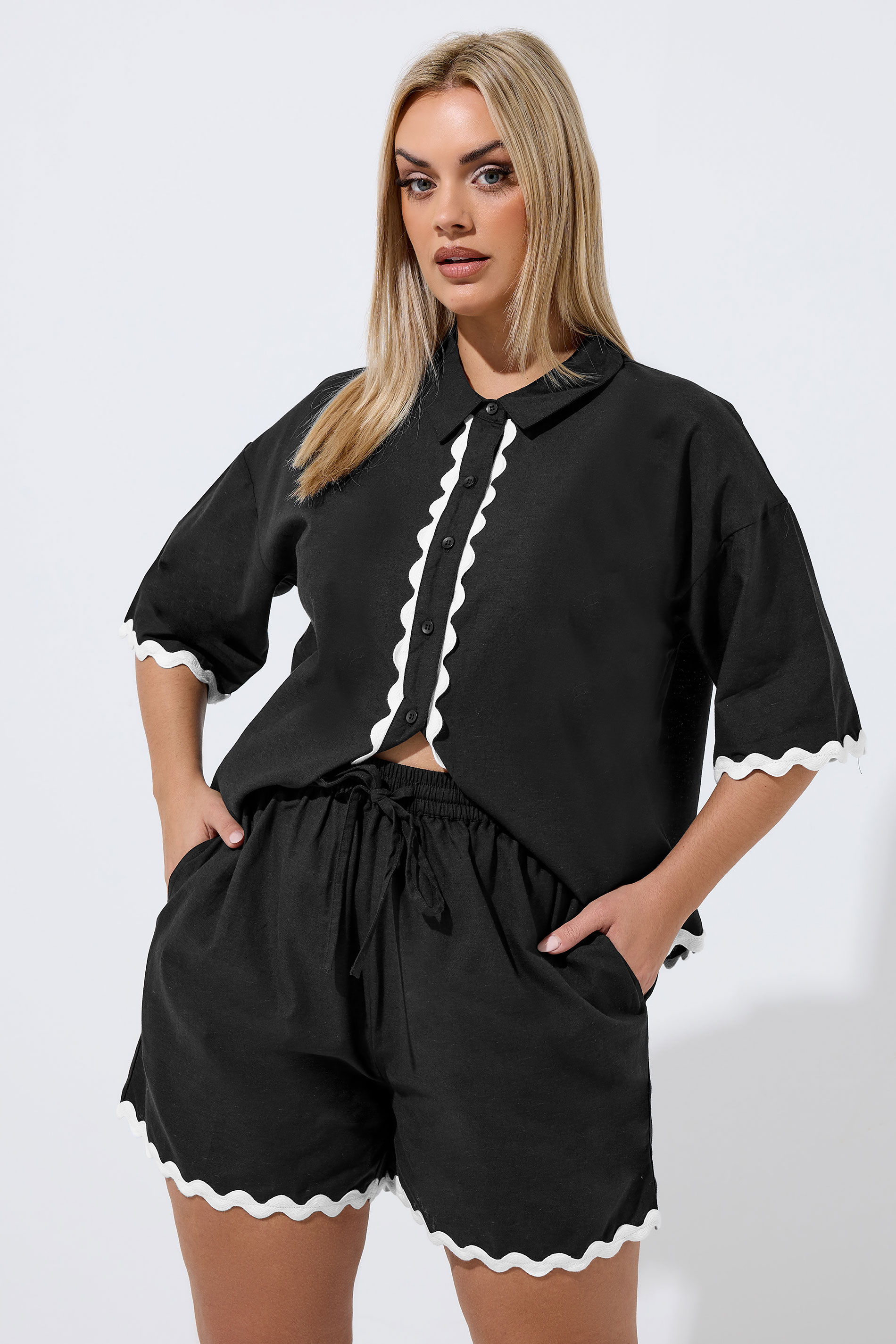 LIMITED COLLECTION Plus Size Black Scallop Linen Shorts | Yours Clothing 3