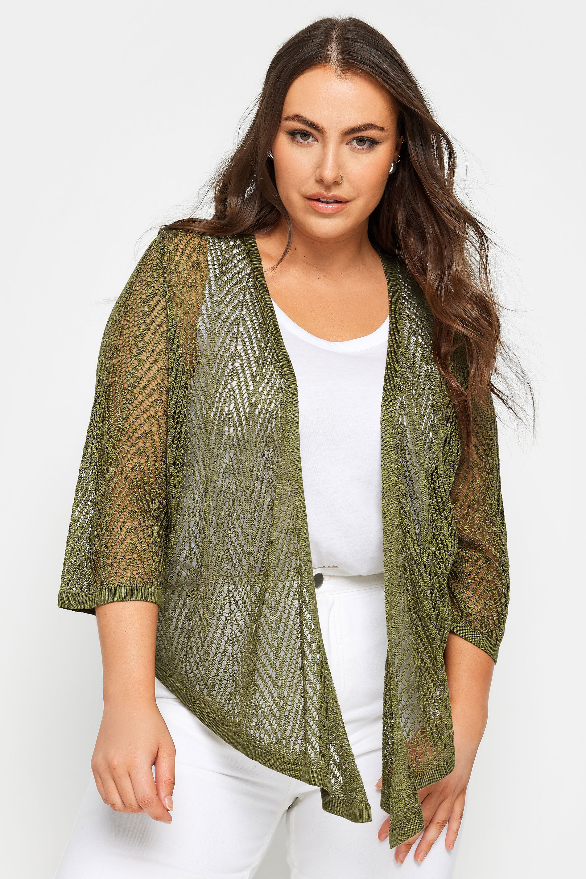 YOURS Plus Size Green Pointelle Waterfall Cardigan | Yours Clothing 1