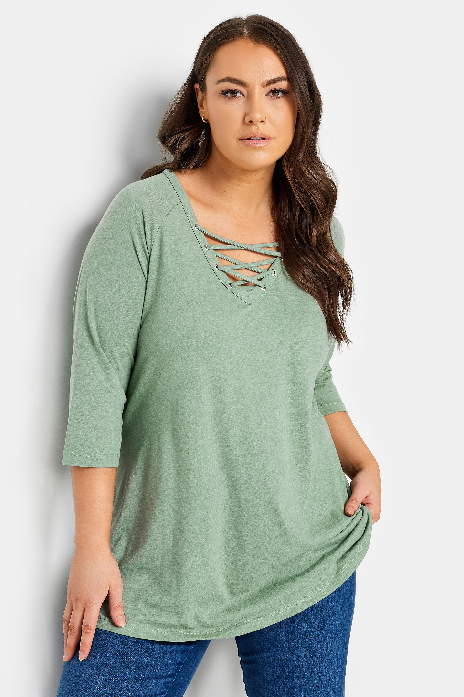 YOURS 2 PACK Plus Size Green & Black Lace Up Eyelet Tops | Yours Clothing 2
