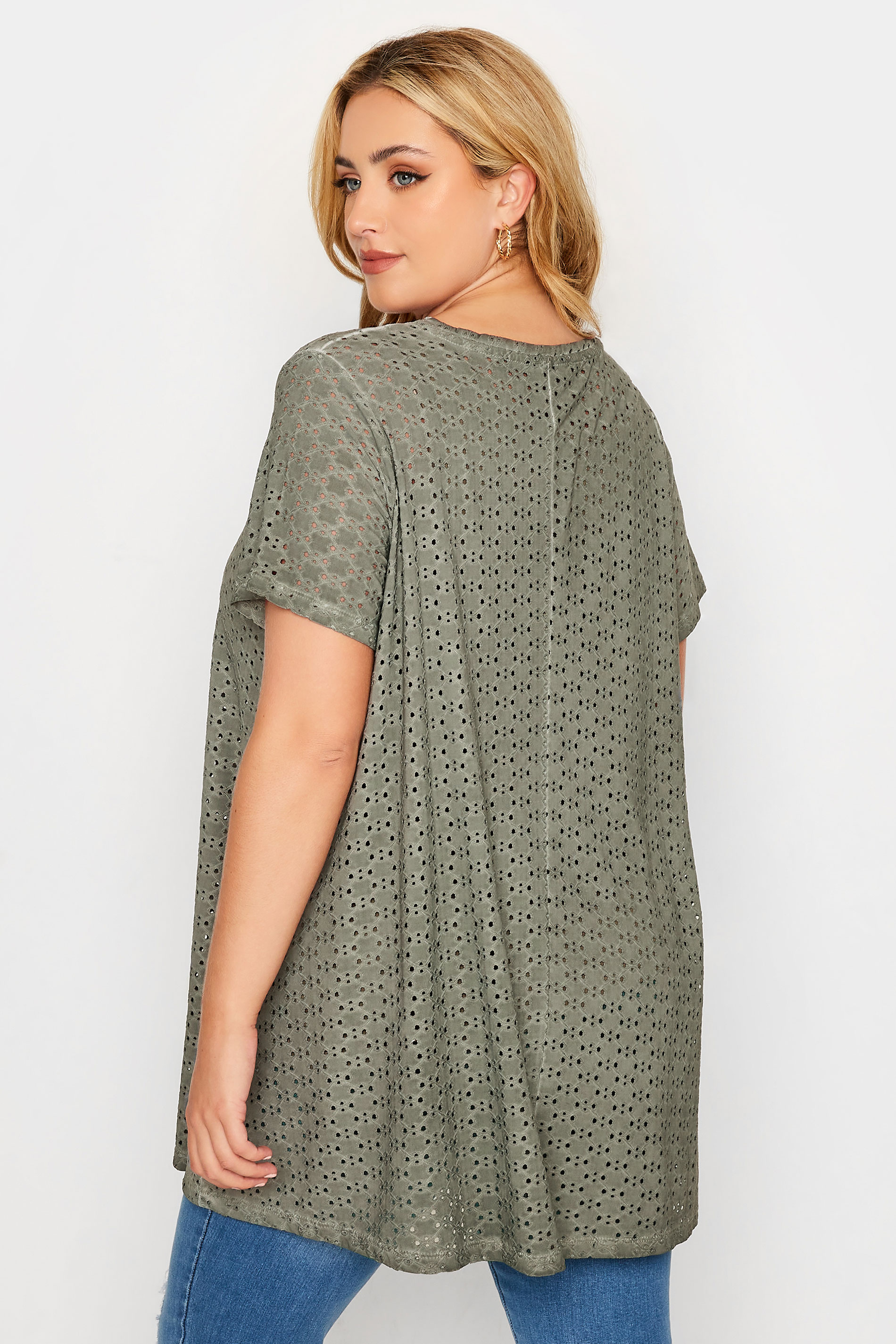 Plus Size Khaki Green Broderie Anglaise Swing Top | Yours Clothing 3