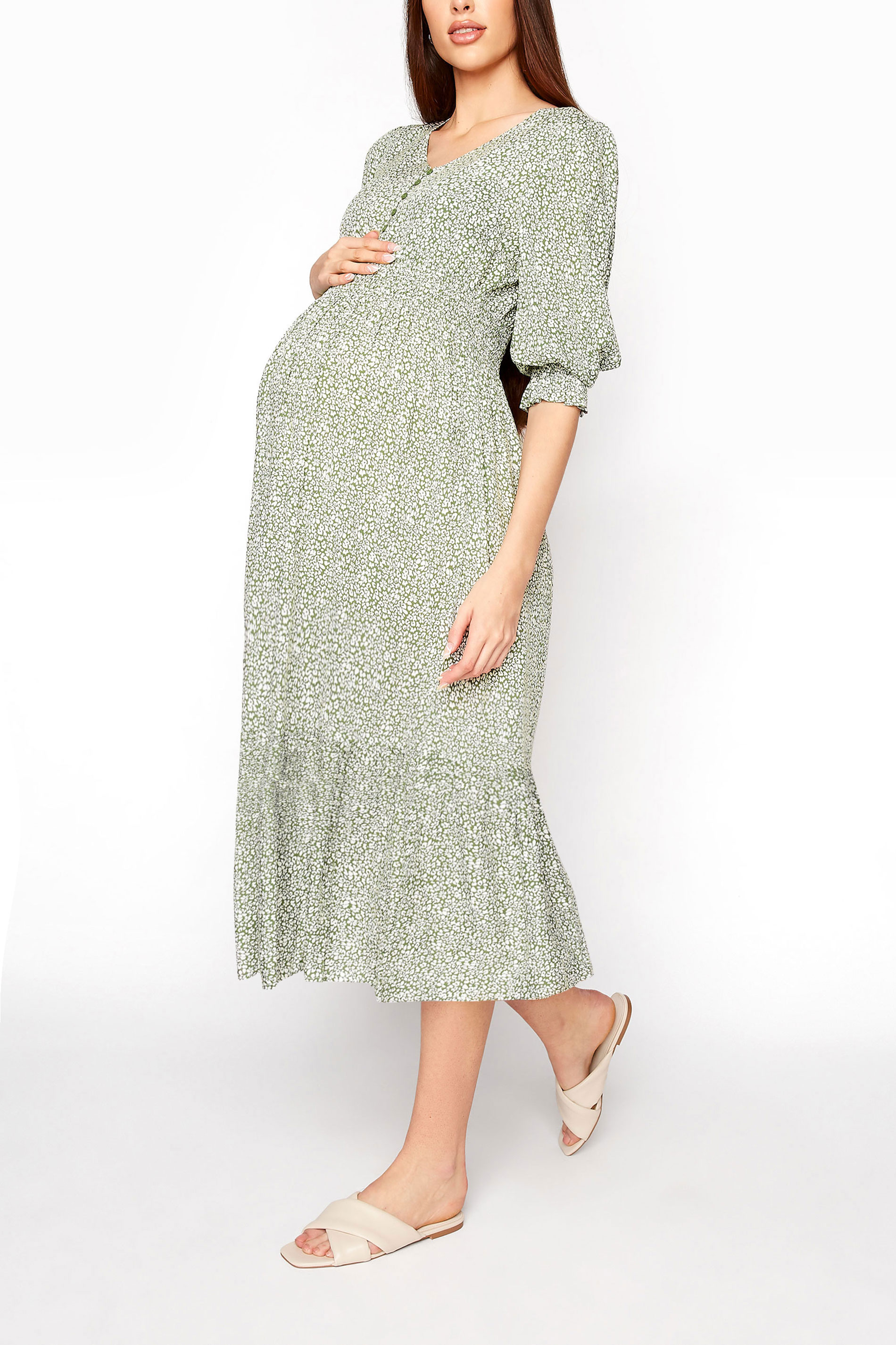 LTS Maternity Sage Green Ditsy V-Neck Button Tiered Midi Dress | Long ...