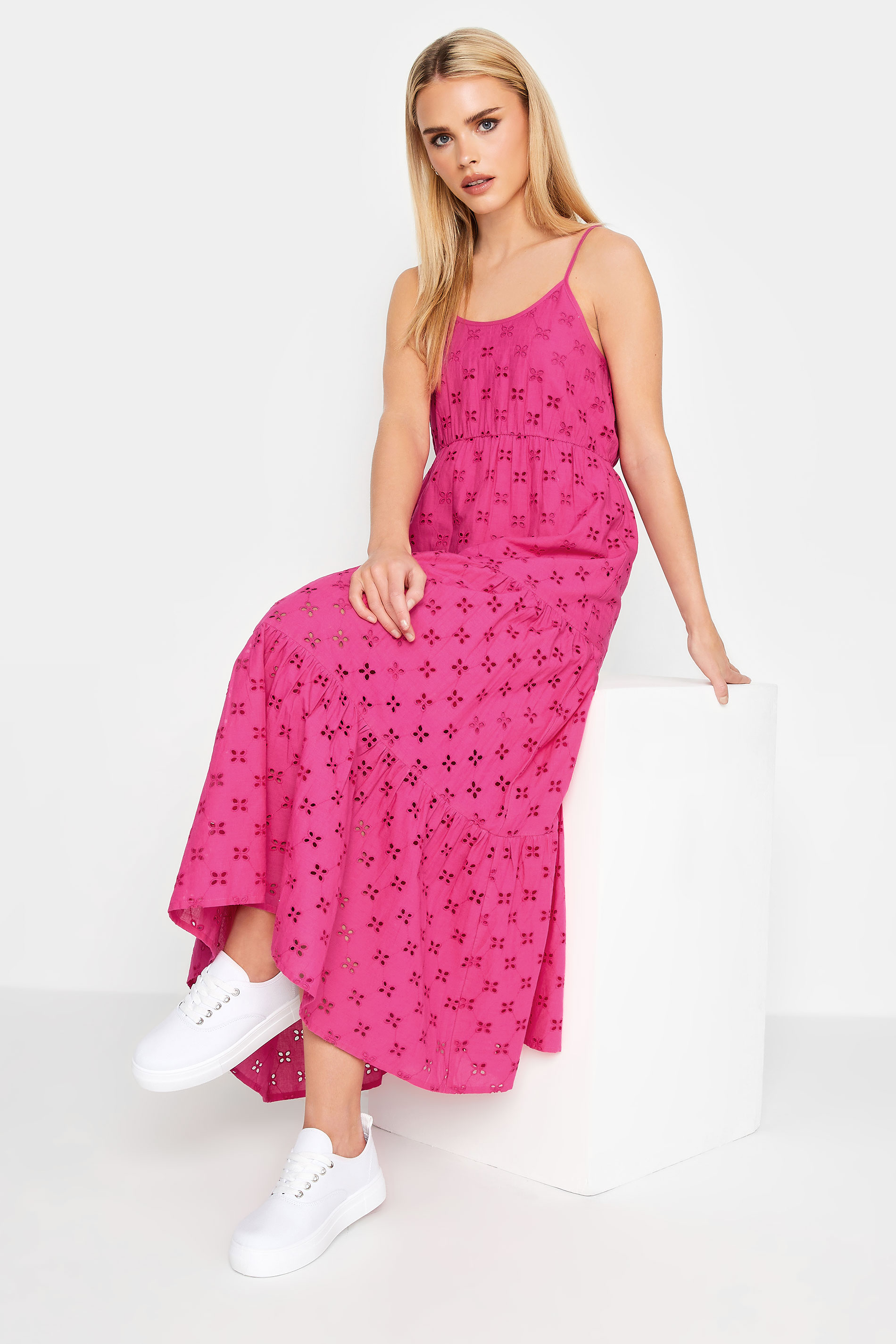 Petite Hot Pink Broderie Strap Maxi Dress | PixieGirl 1