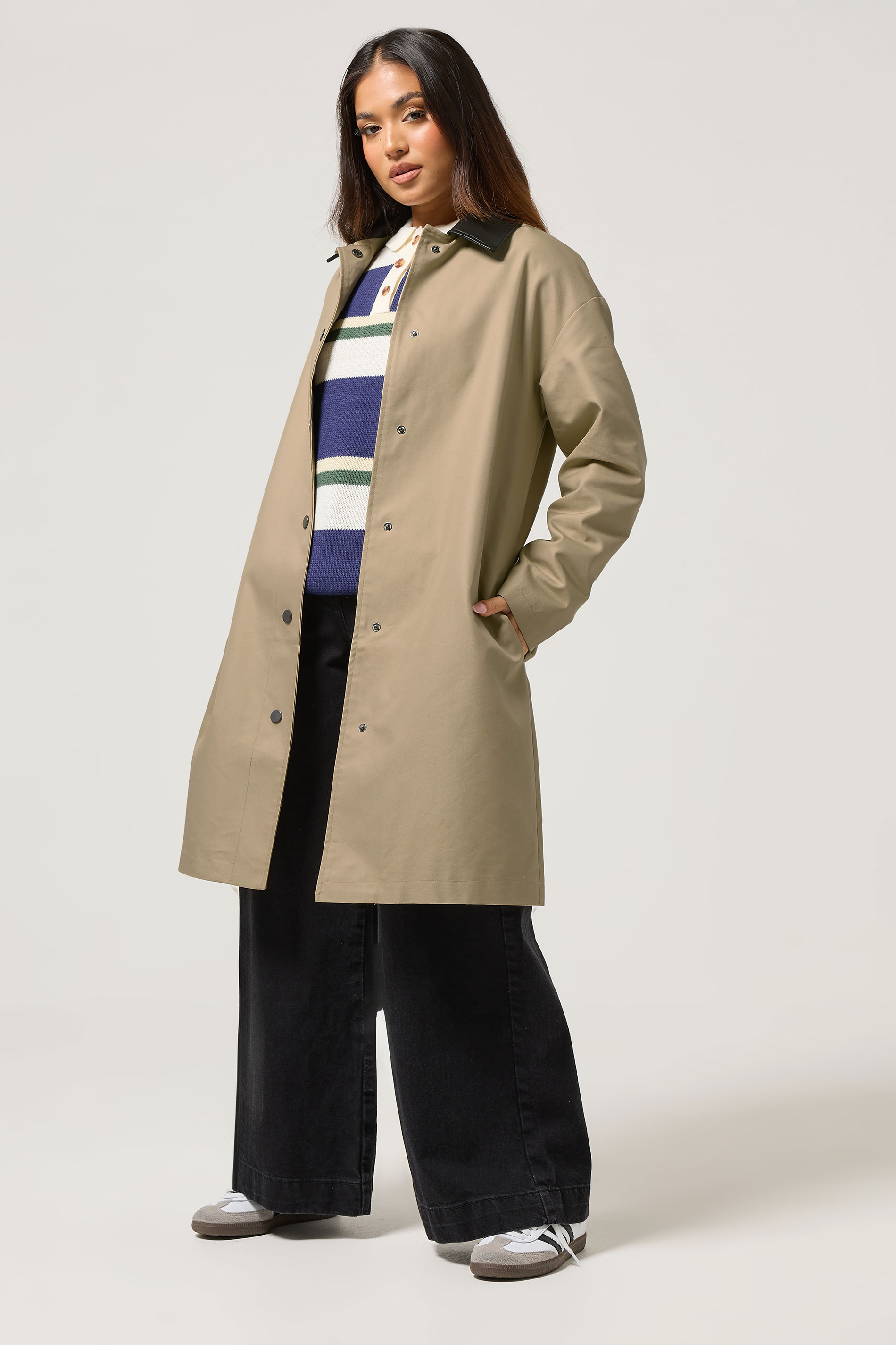 PixieGirl Petite Women's Stone Brown Contrast Collar Car Coat | PixieGirl 3