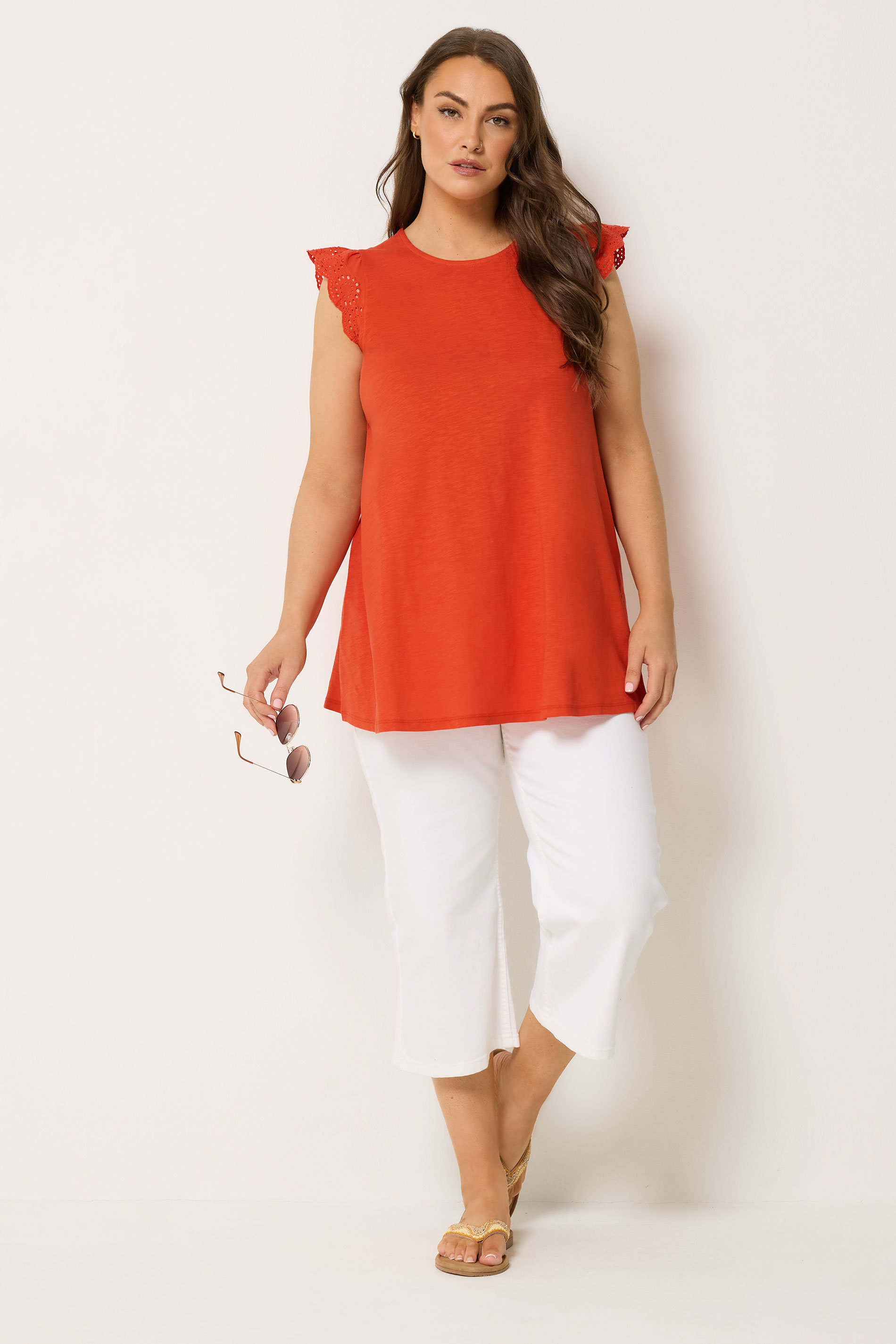 YOURS Plus Size Orange Broderie Frill Vest Top | Yours Clothing 1
