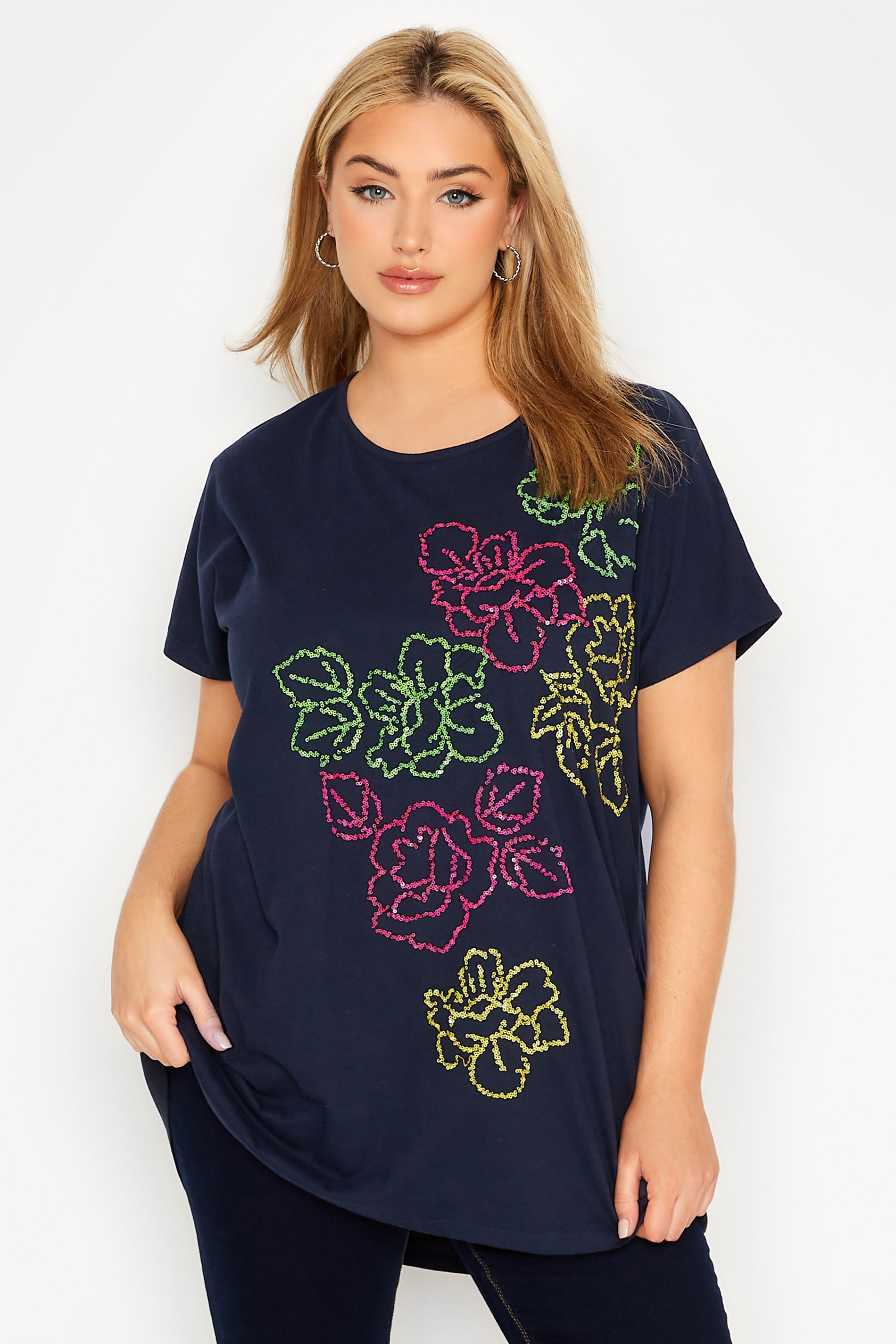 Plus Size Navy Blue Floral Sequin T-Shirt | Yours Clothing 1