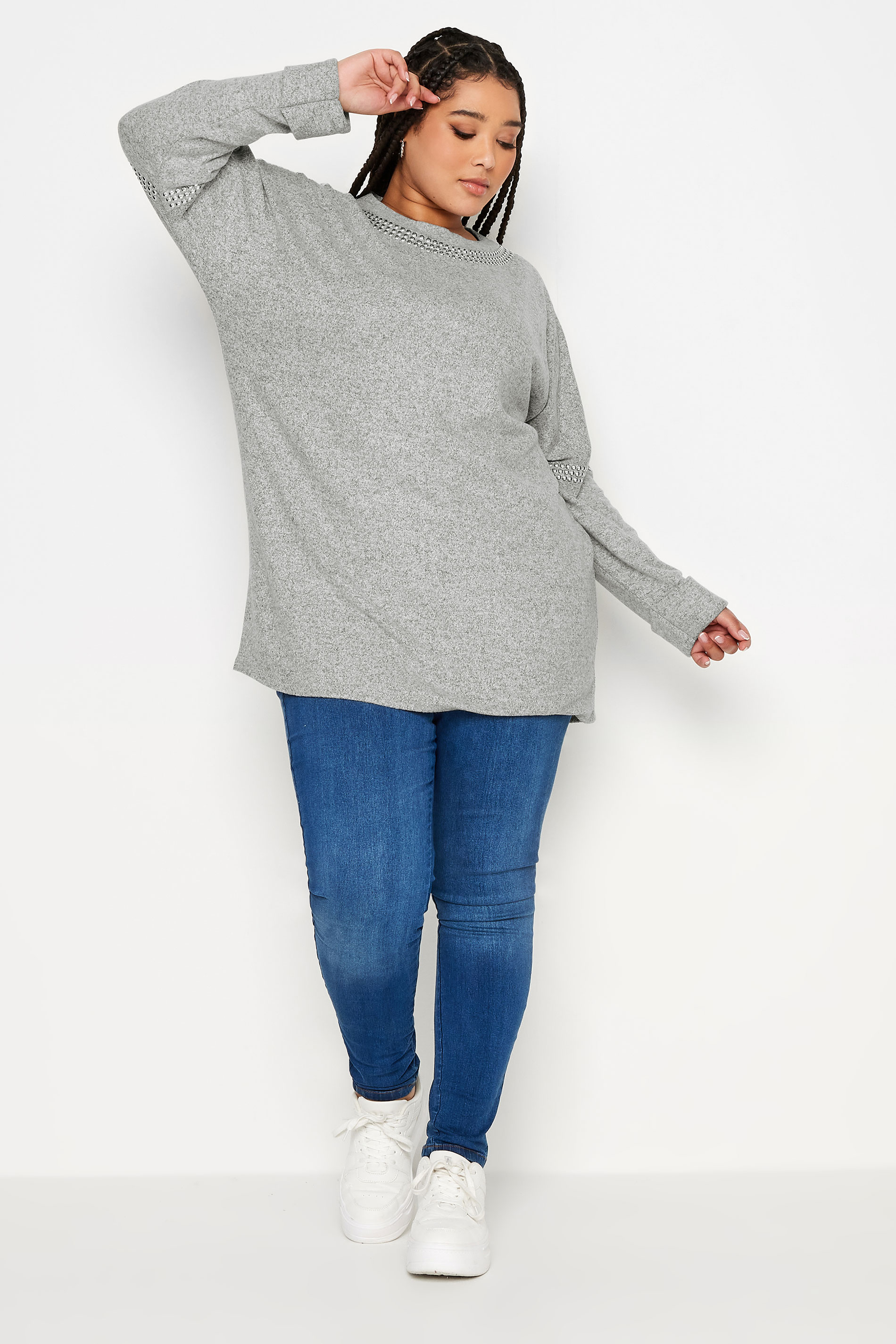 YOURS Plus Size Light Grey Stud Batwing Sleeve Jumper | Yours Clothing 2