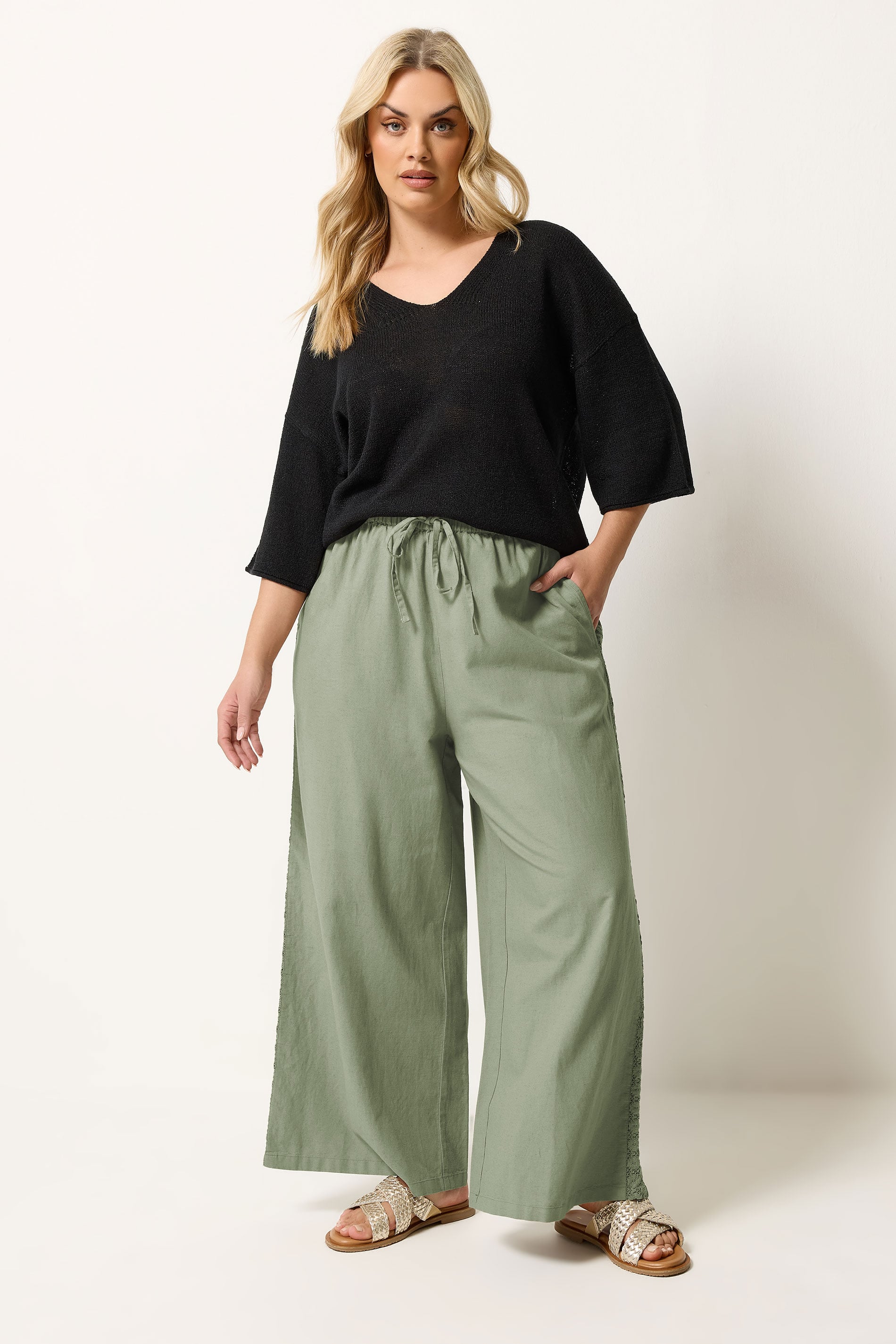 YOURS Plus Size Khaki Green Crochet Detail Linen Trousers | Yours Clothing 1