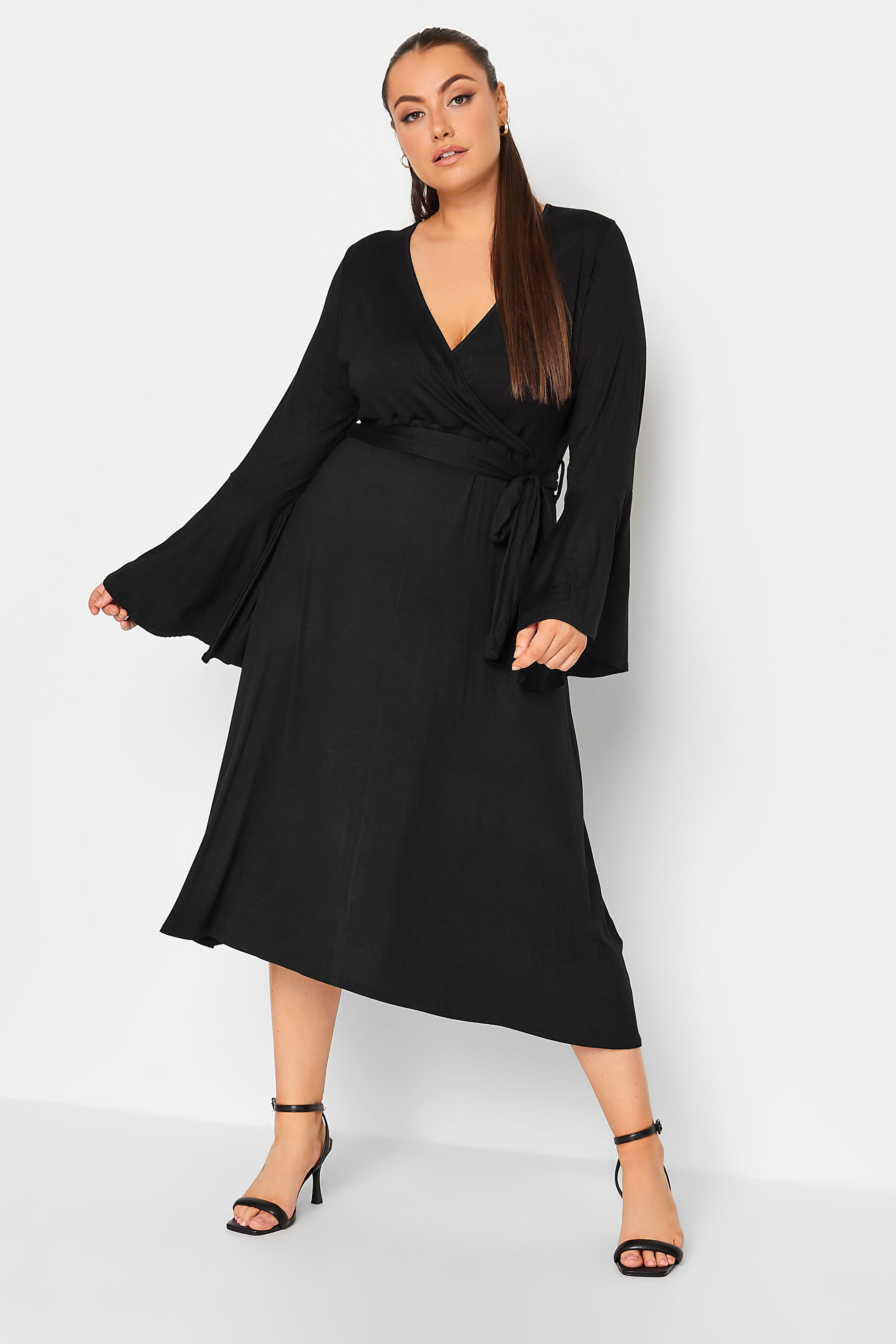 LIMITED COLLECTION Plus Size Black Flare Sleeve Wrap Dress | Yours Clothing 1