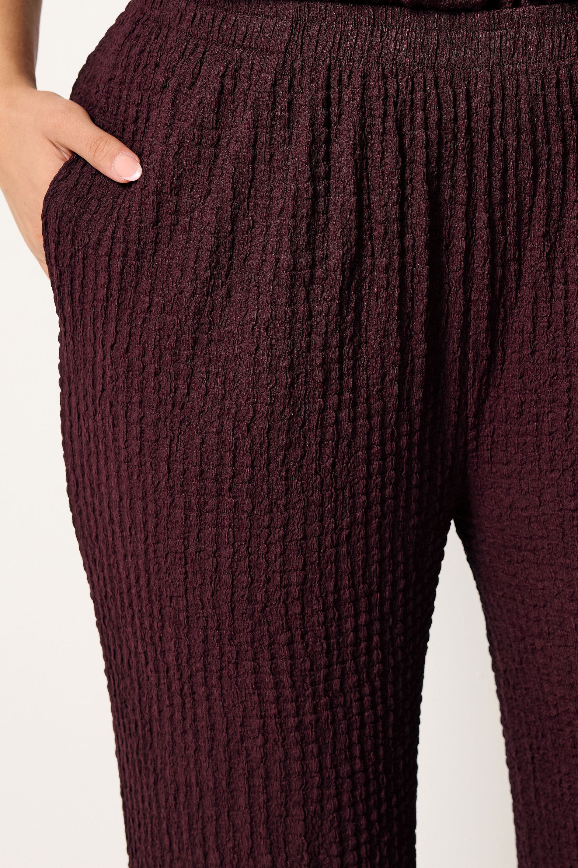 YOURS Plus Size Burgundy Red Bubble Texture Wide Leg Trousers | Yours Clothing 4