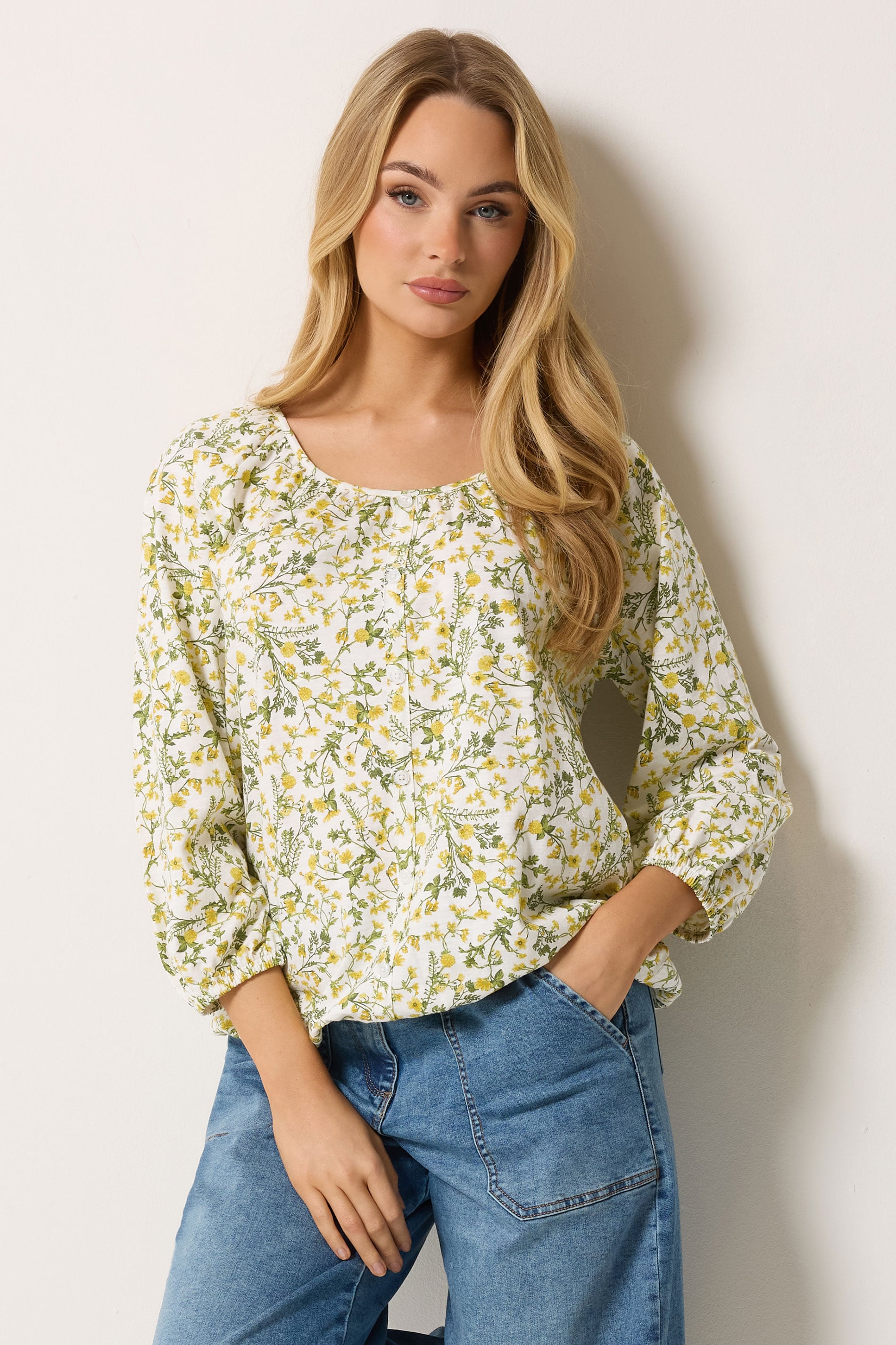 M&Co White & Yellow Floral Button Down Cotton Blouse | M&Co 3